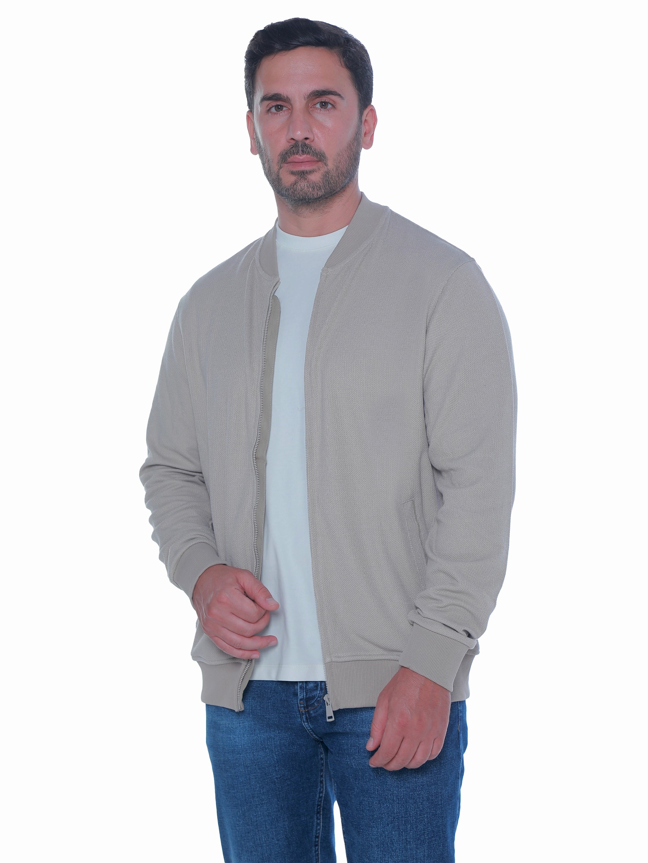 Zippered Beige Jacket With Side Slanted Pockets