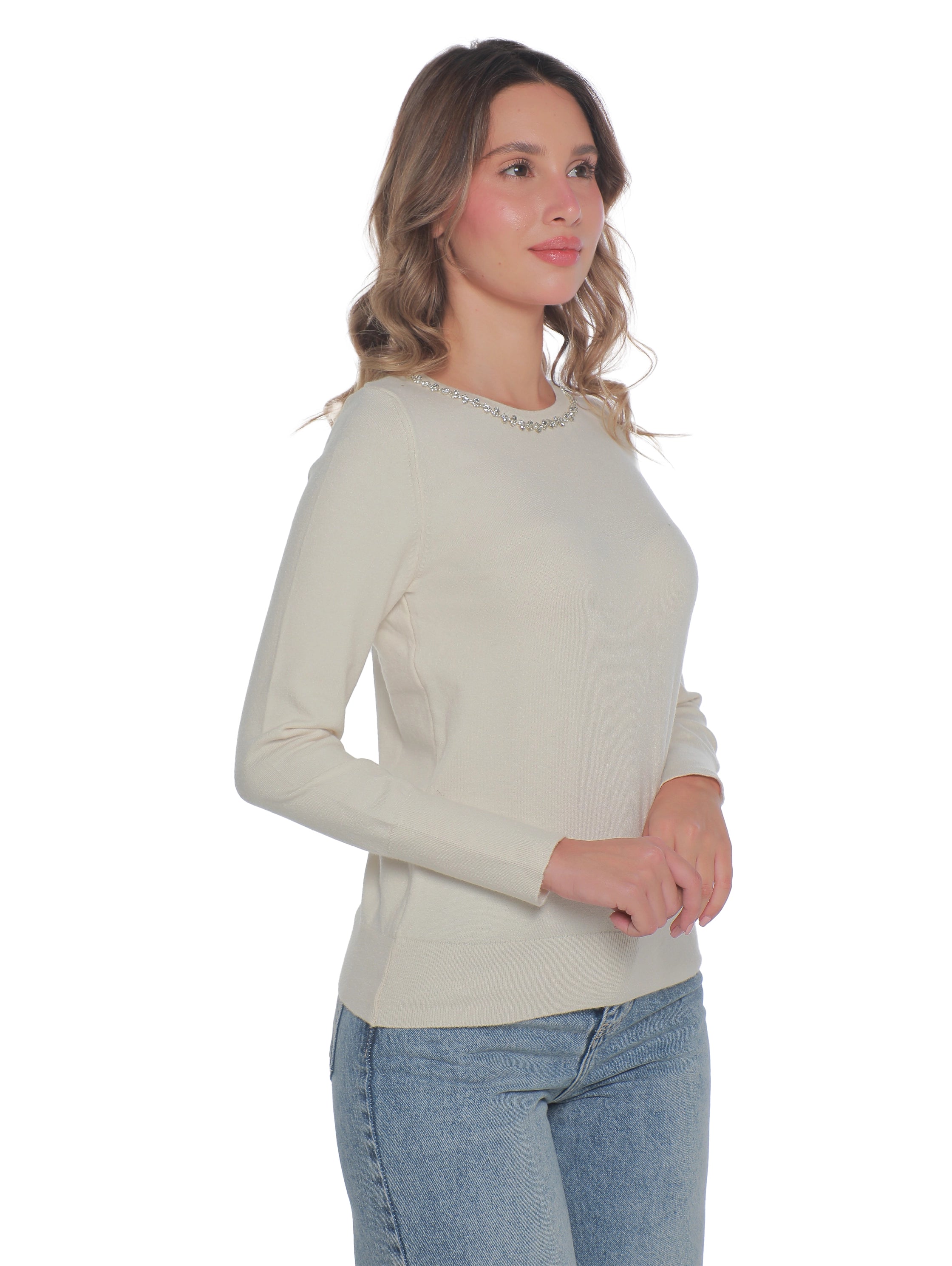 Beige Soft Pullover With Necklace Attached Design