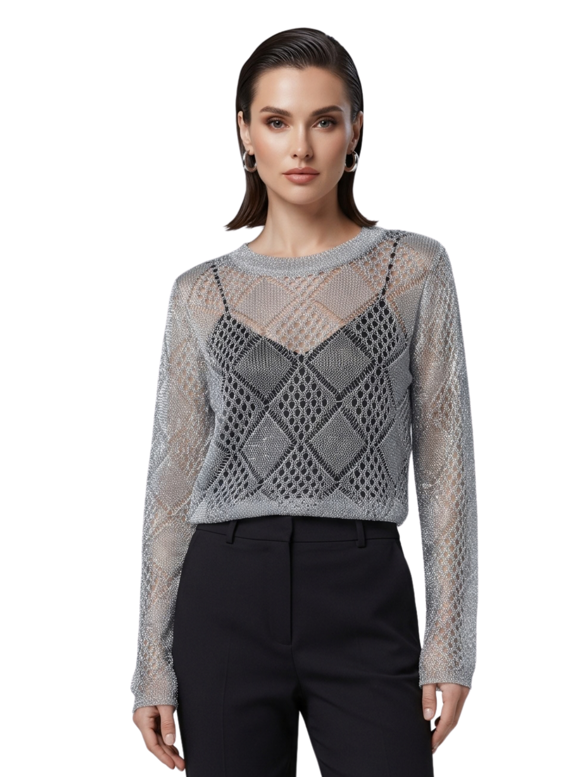 Silver Pointelle Crewneck Pullover