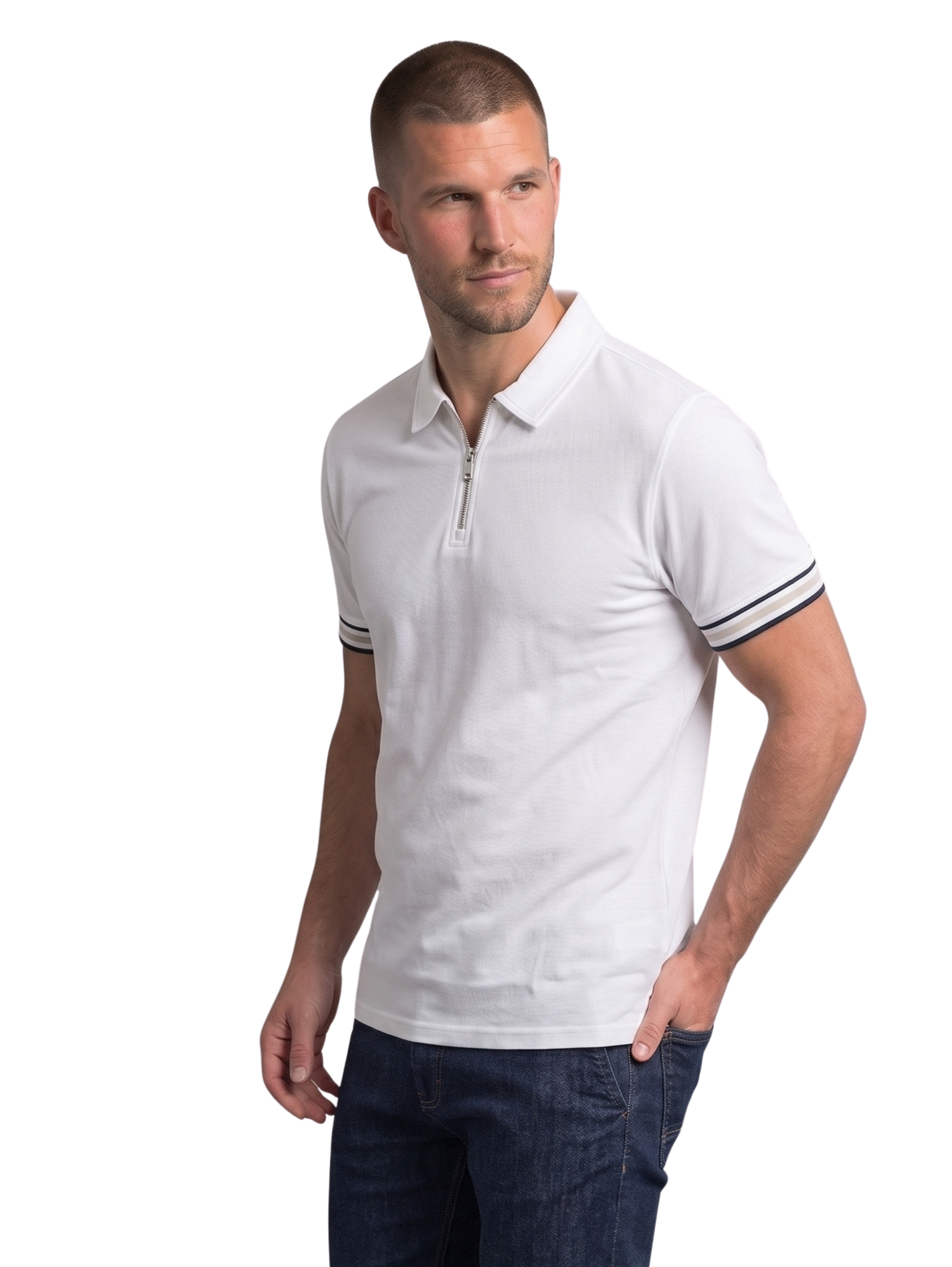 White Slim Fit Short Sleeved Polo With Zipper