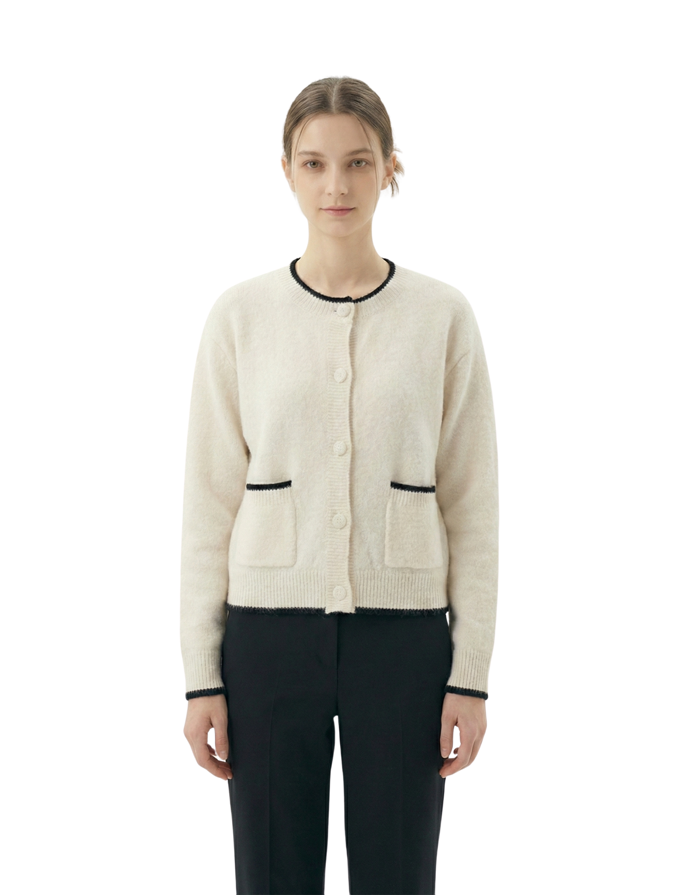 Long Sleeve Buttoned Offwhite Sweater With Attached Pocket