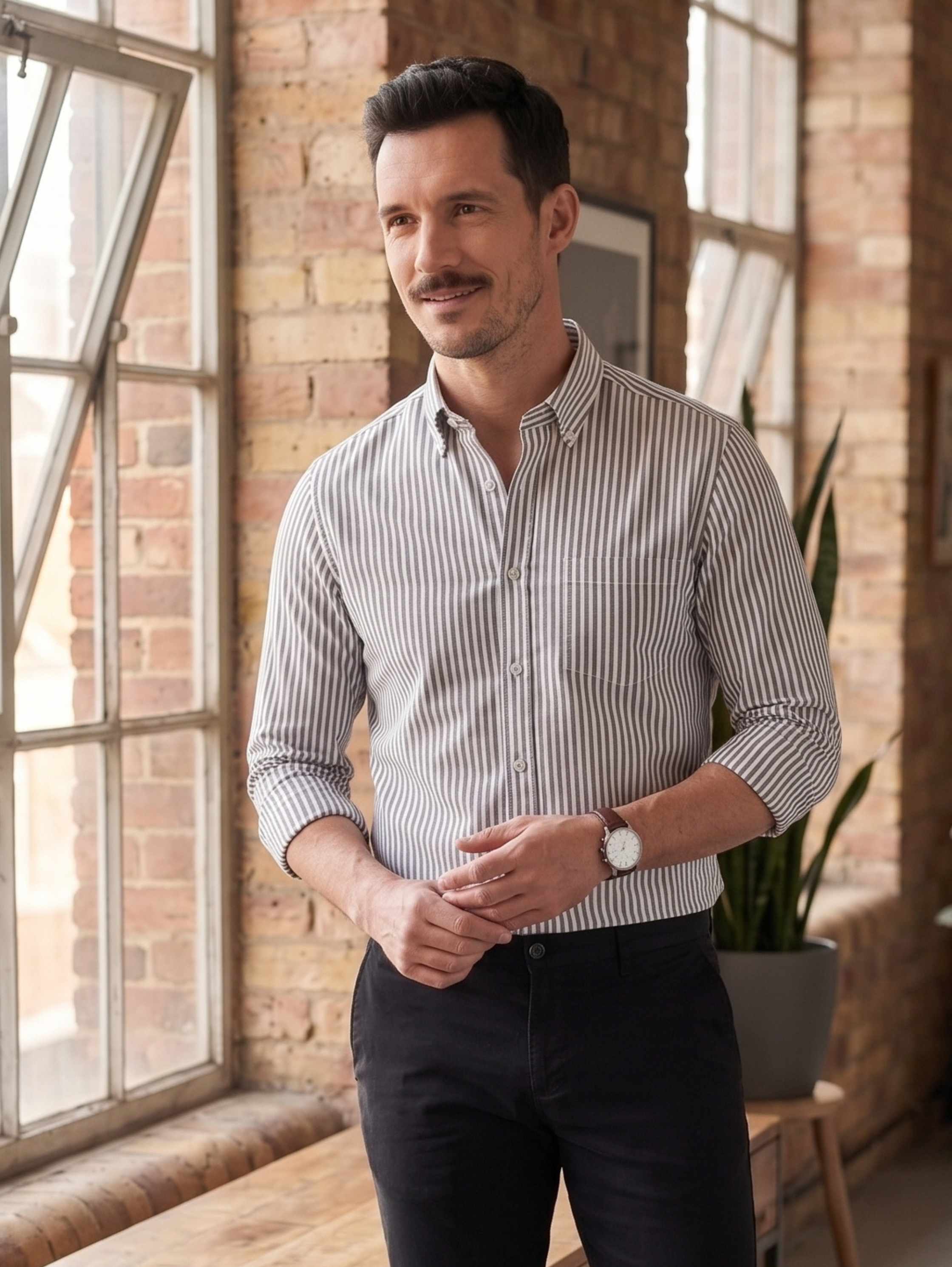 Casual Grey Regular Fit Shirt With Striped Design