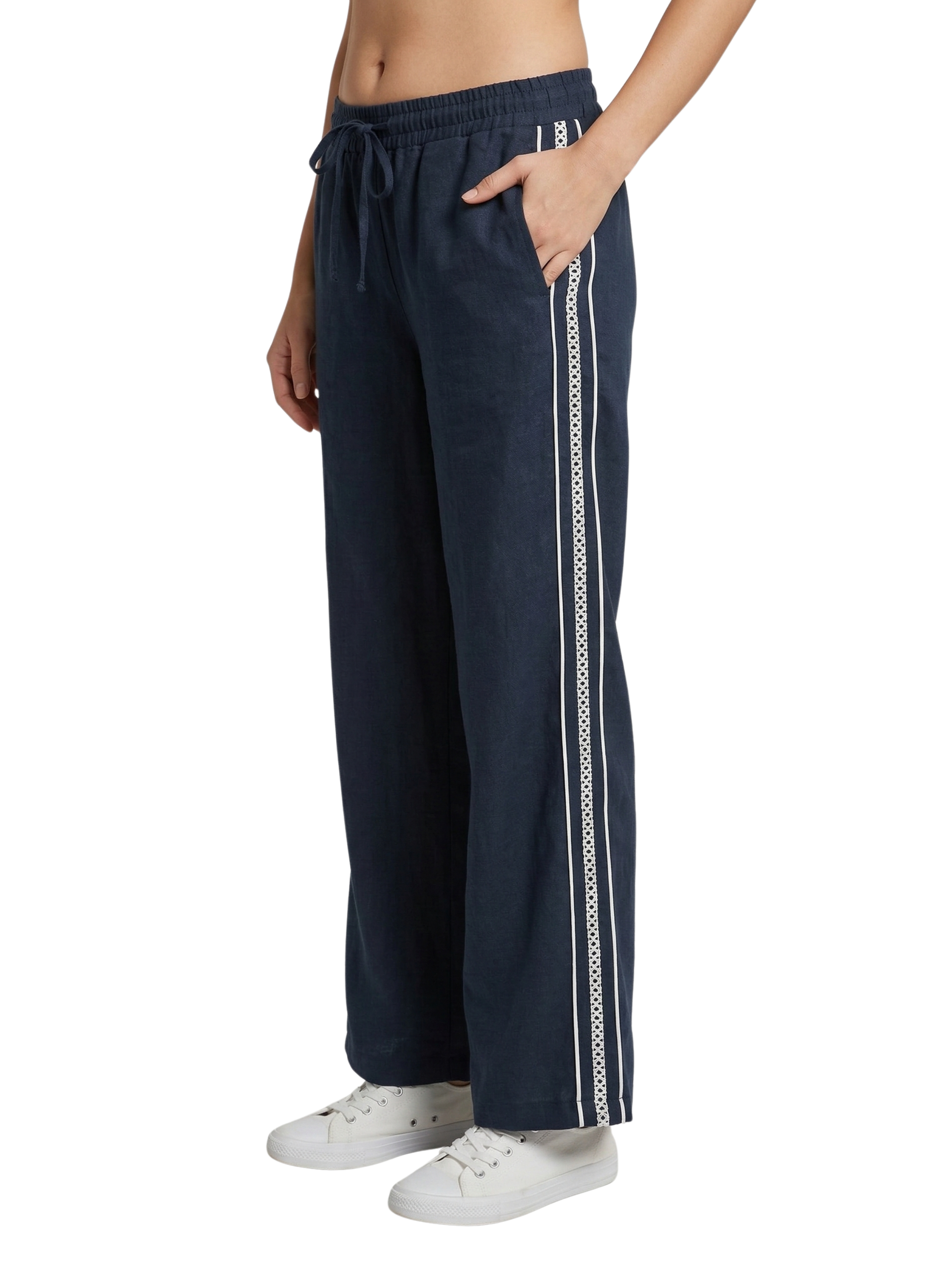 Navy Pant With Elastic Waist And Contrast Side Line