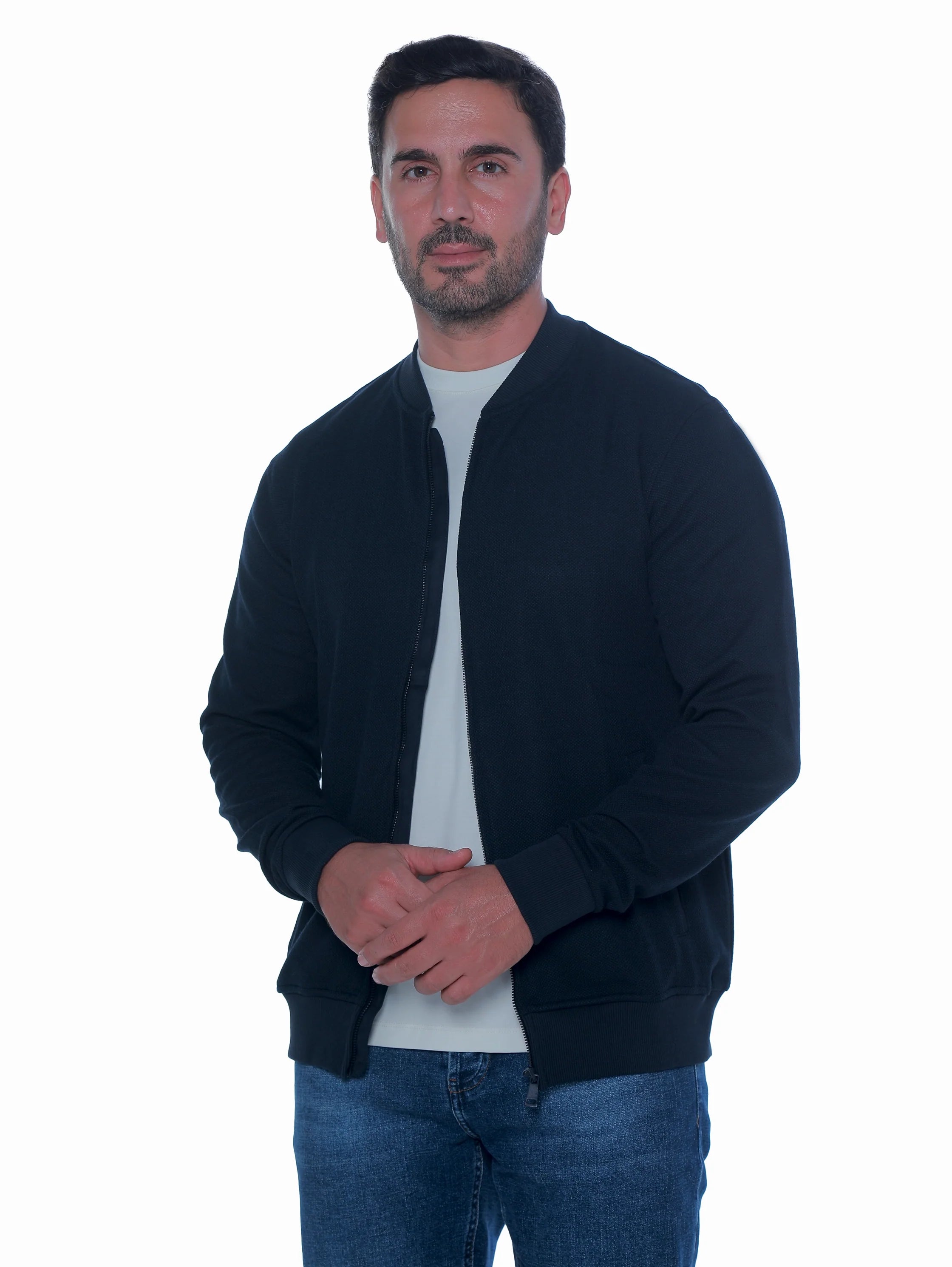 Zippered Navy Jacket With Side Slanted Pockets