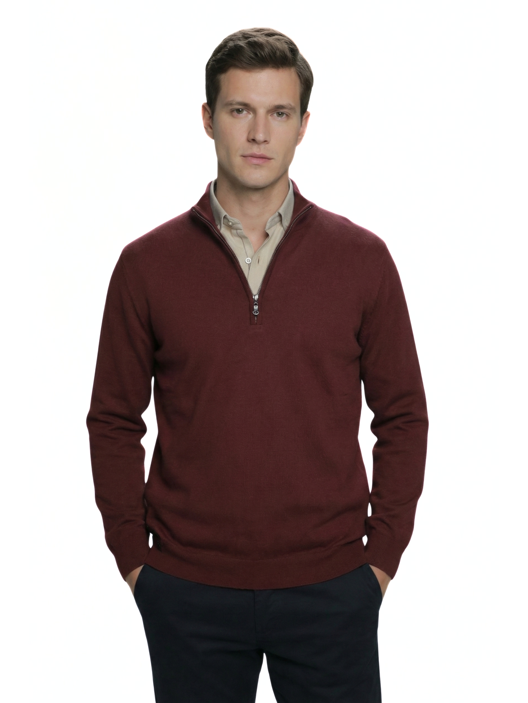 Stand Up Collar Bordo Pullover With Half Zipper To Close