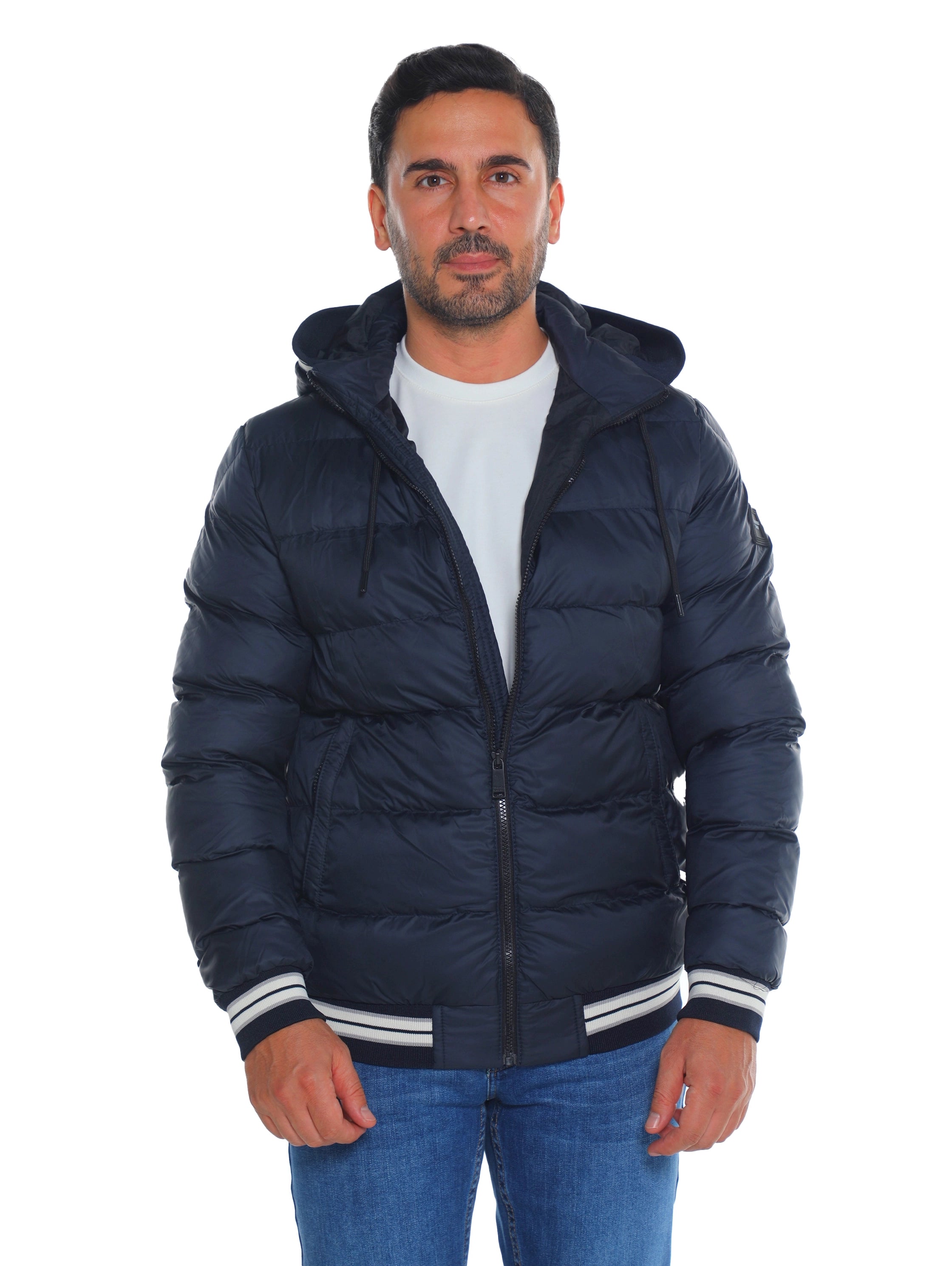 Navy Padded Puffer Jacket With Front Zip Closure