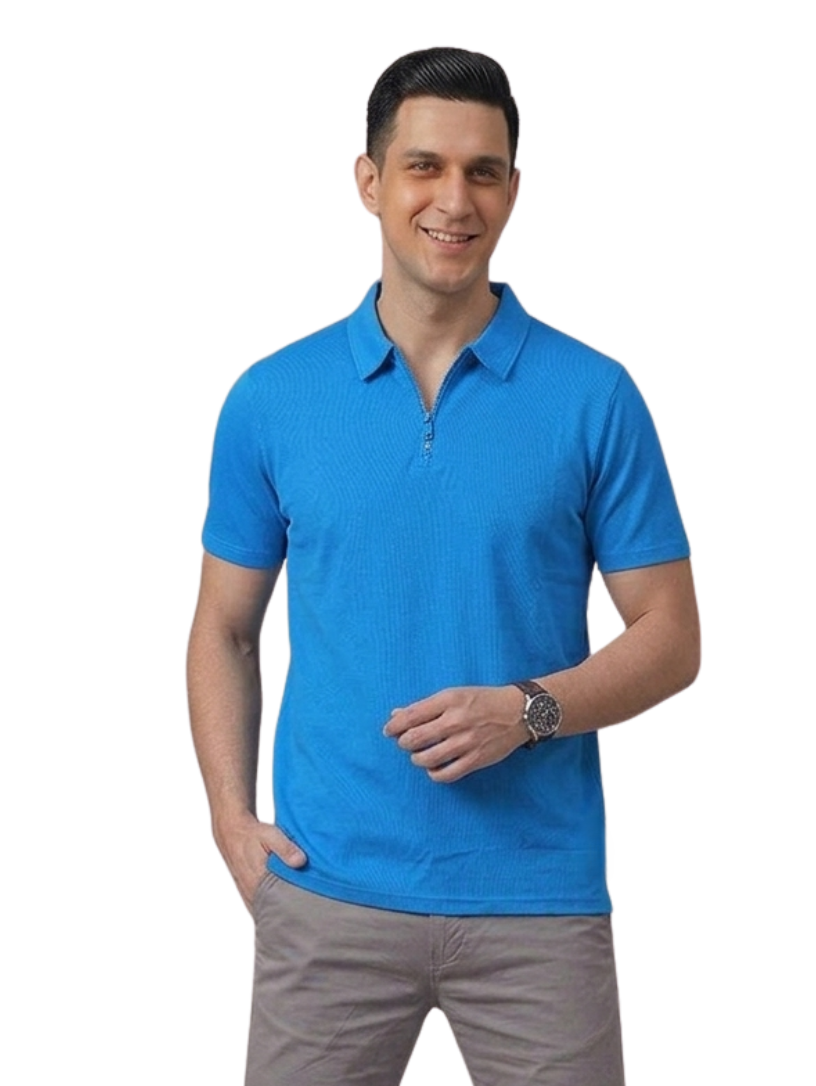 Blue Slim Fit Short Sleeved Polo With Zipper