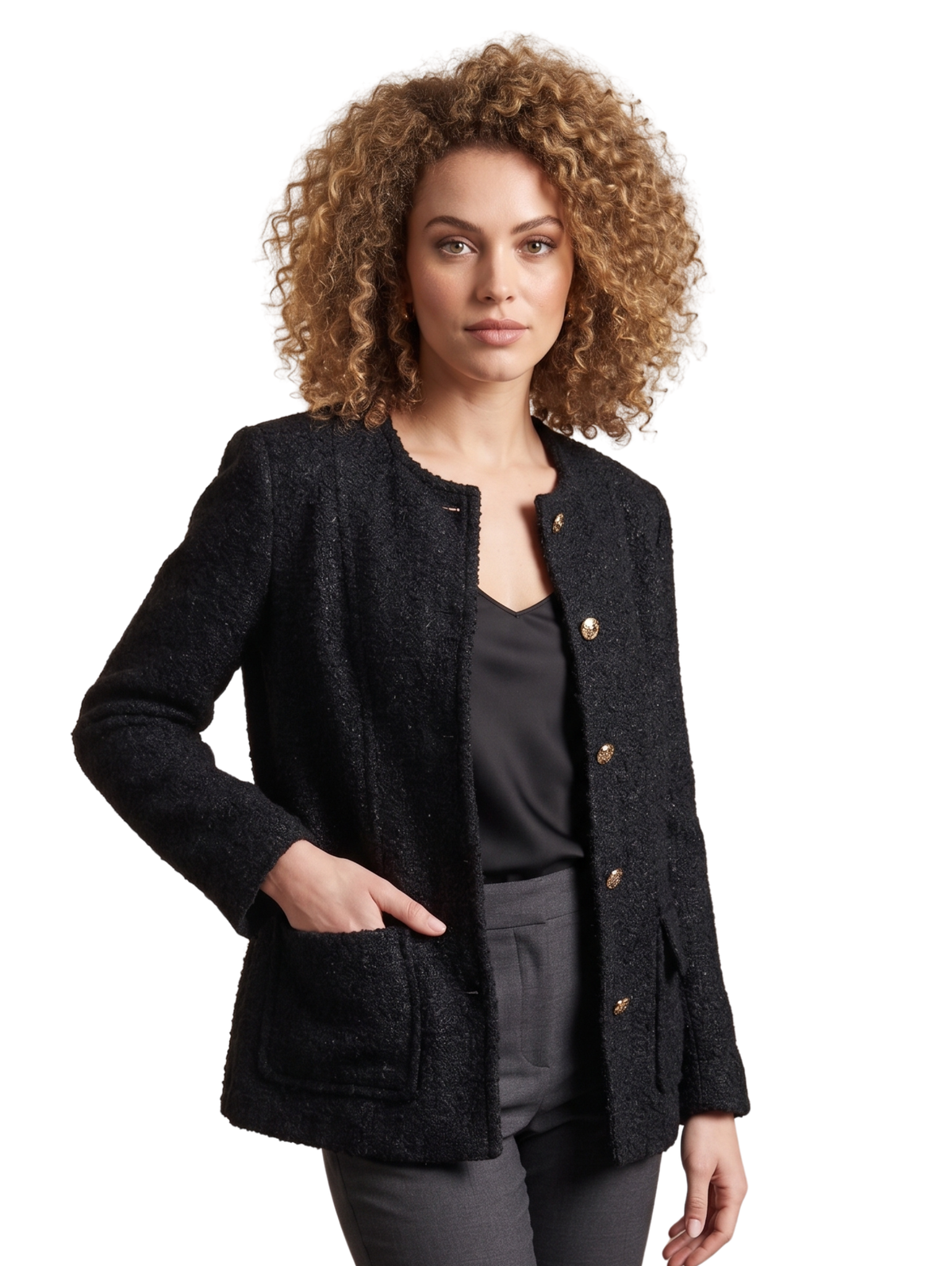 Black Woven Textured Collarless Button Up Jacket