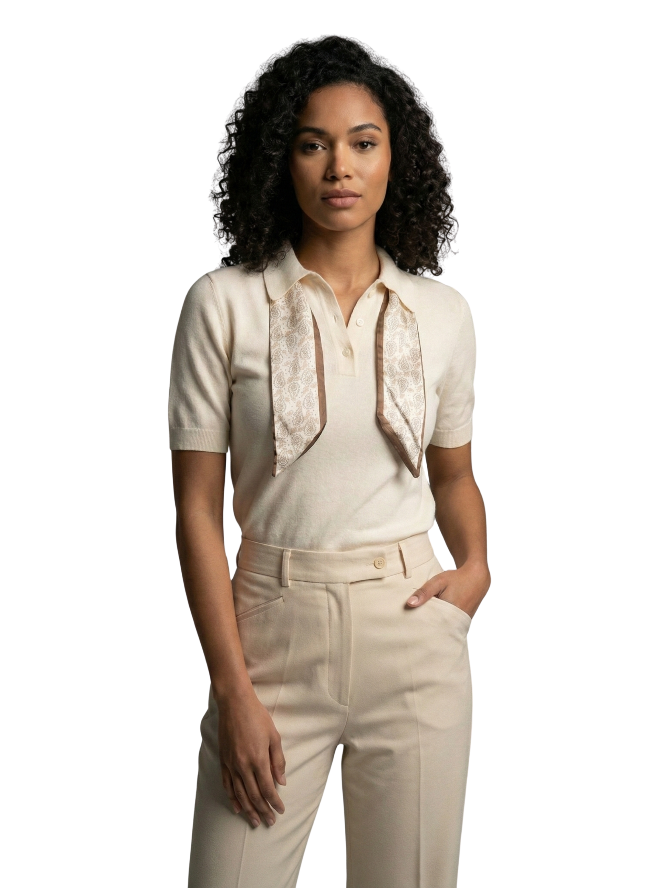 Short Sleeve Beige Pullover with Tiny Scarf in Collar