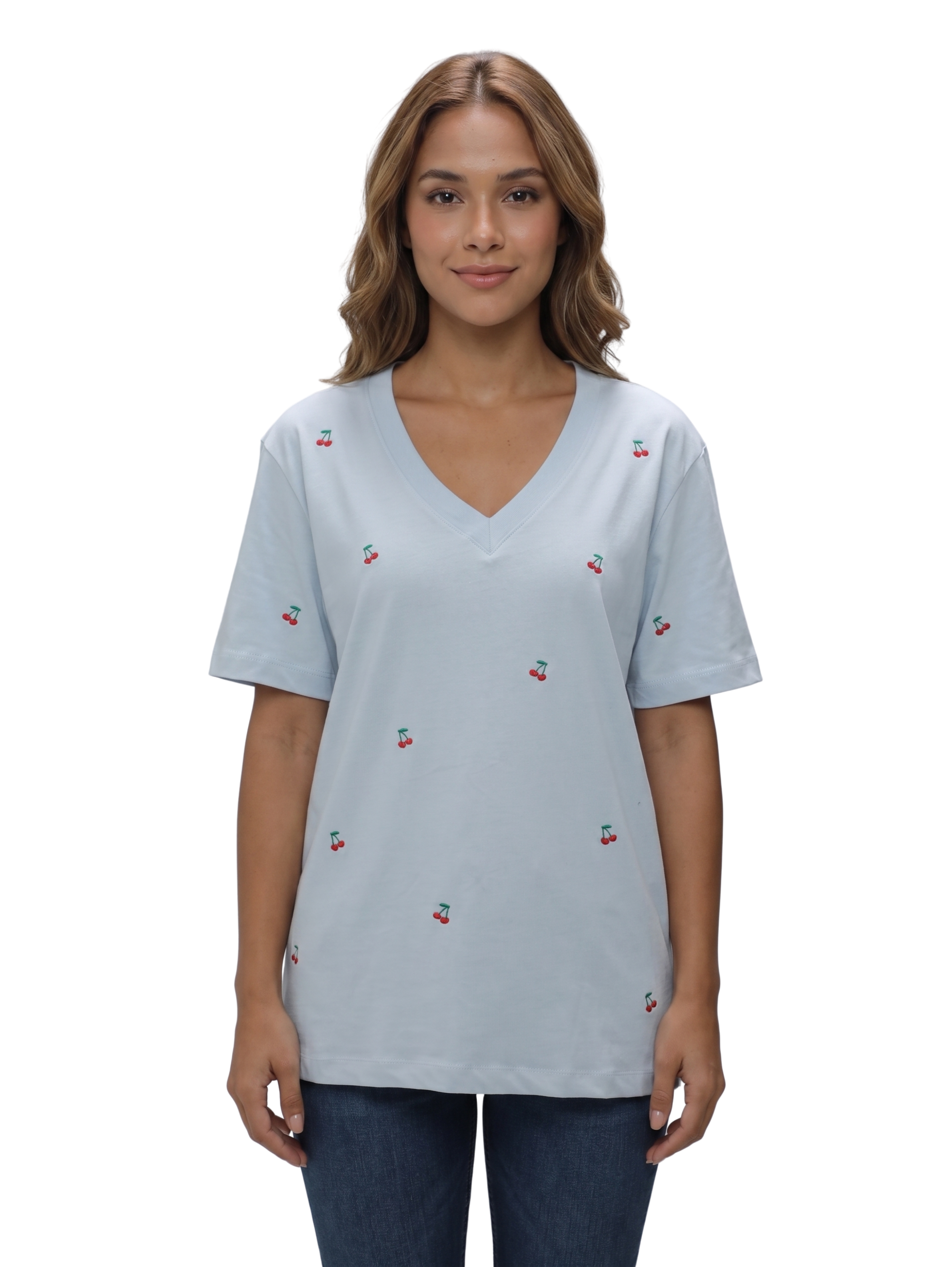 Baby Blue V Neck Short Sleeved T-Shirt With Printed Cherry Design
