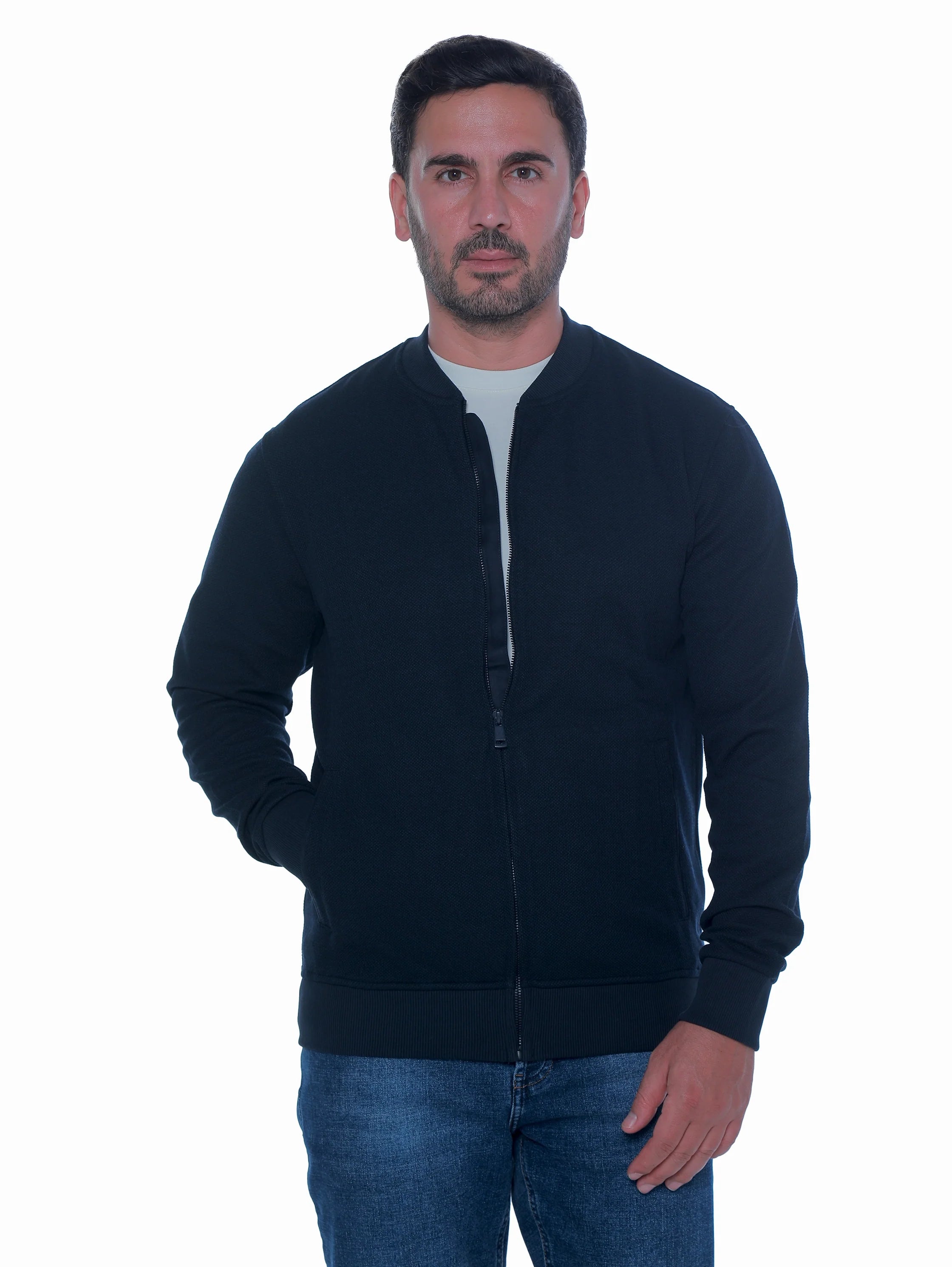 Zippered Navy Jacket With Side Slanted Pockets