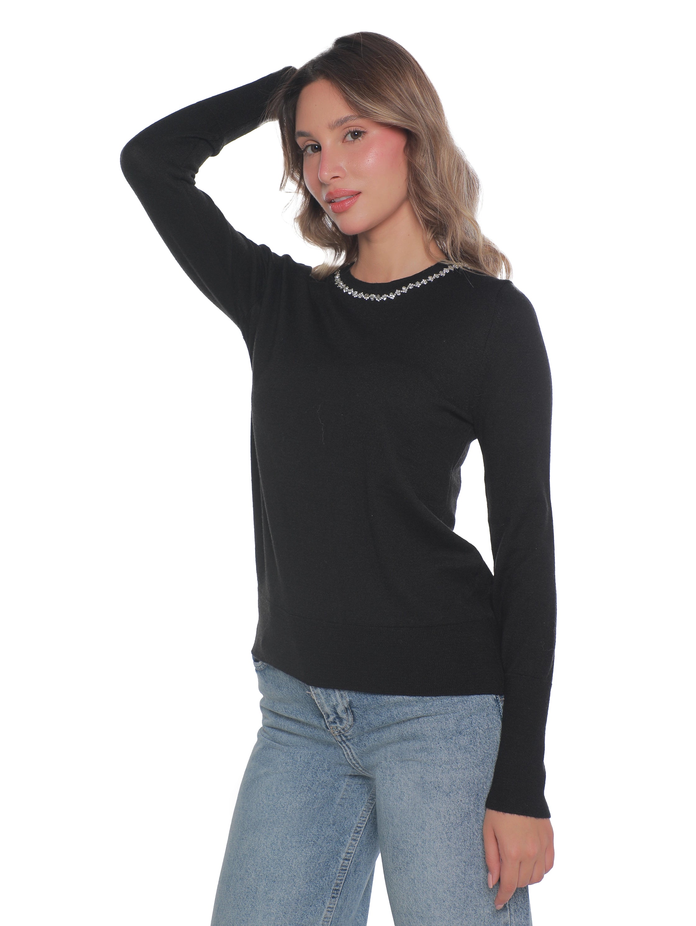 Black Soft Pullover With Necklace Attached Design