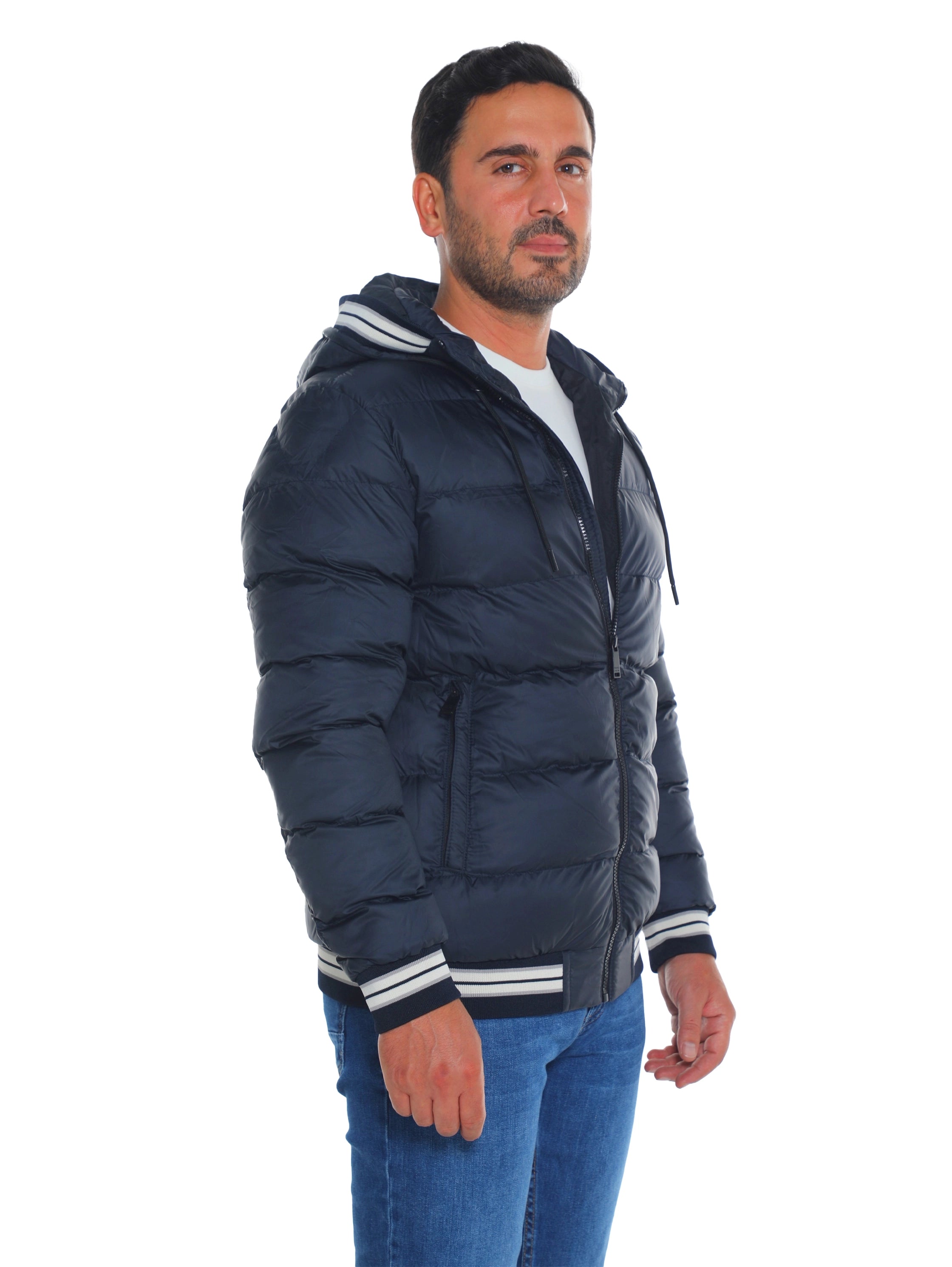 Navy Padded Puffer Jacket With Front Zip Closure
