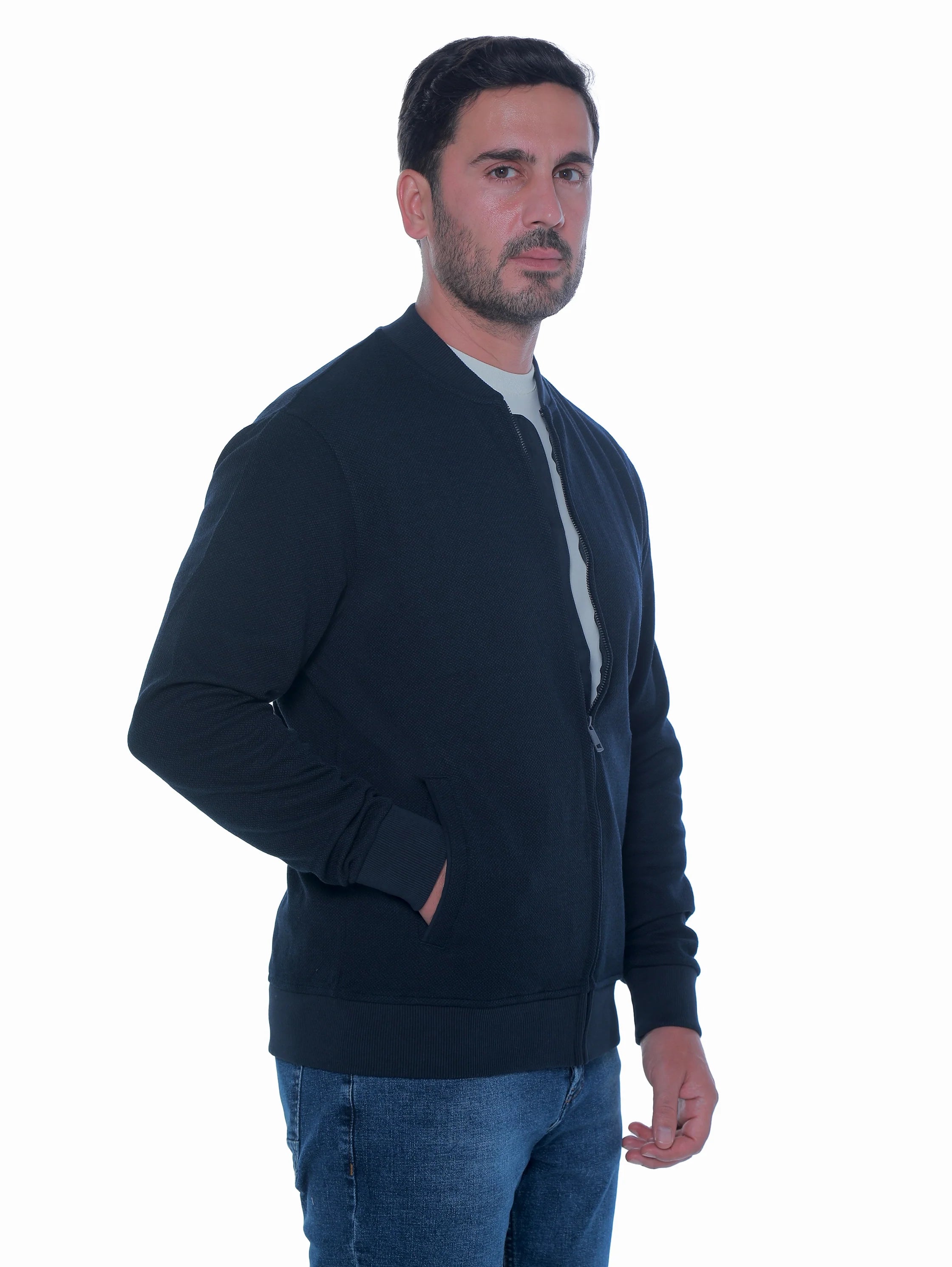 Zippered Navy Jacket With Side Slanted Pockets