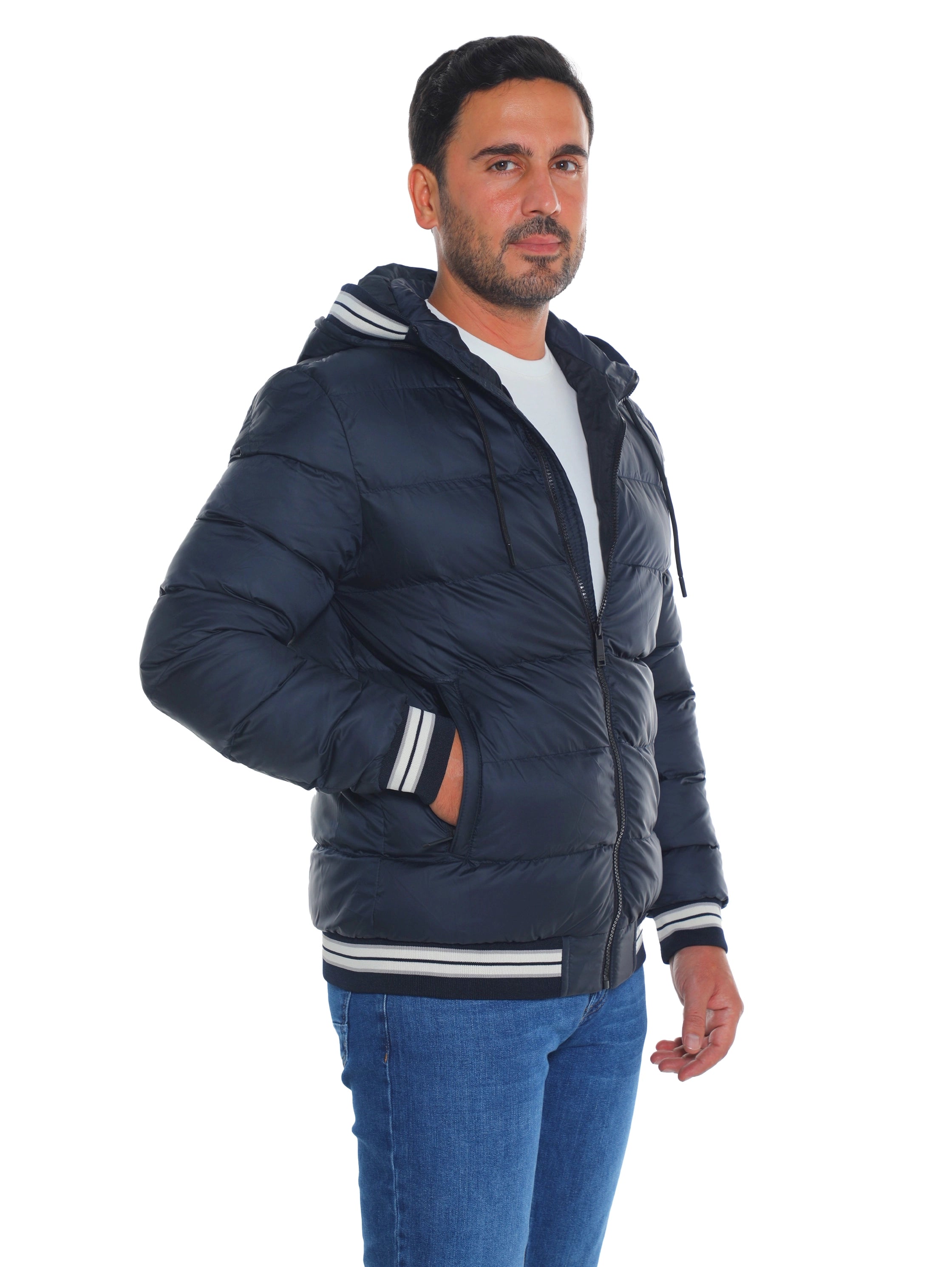 Navy Padded Puffer Jacket With Front Zip Closure