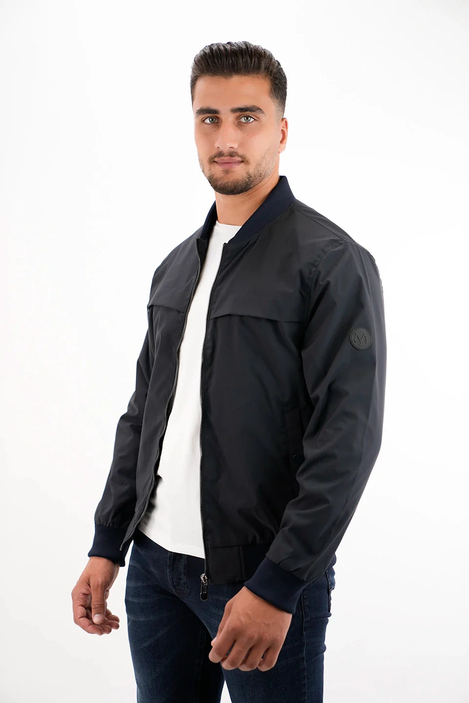 Navy Bomber Jacket With Zipper To Close