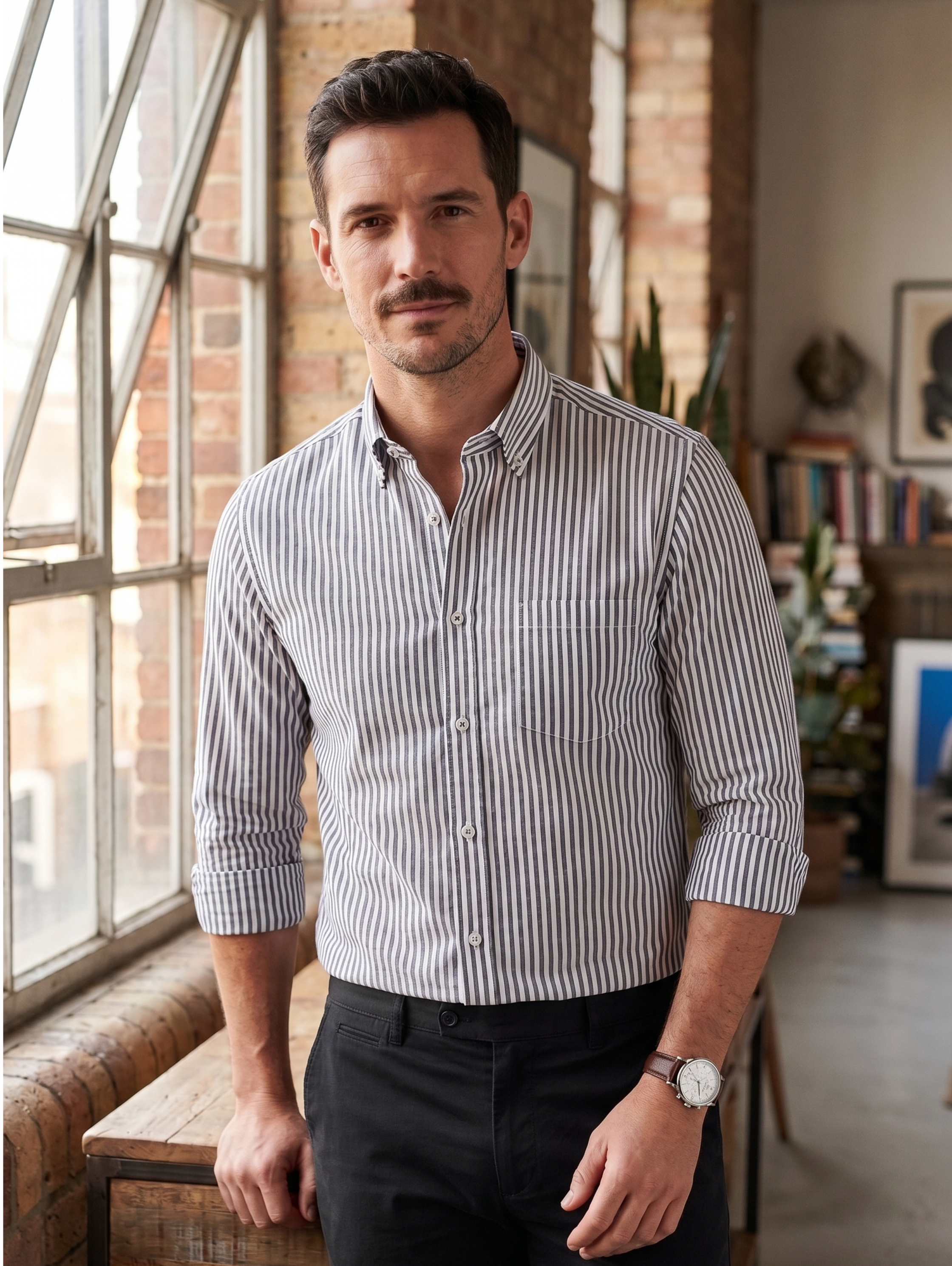 Casual Grey Regular Fit Shirt With Striped Design