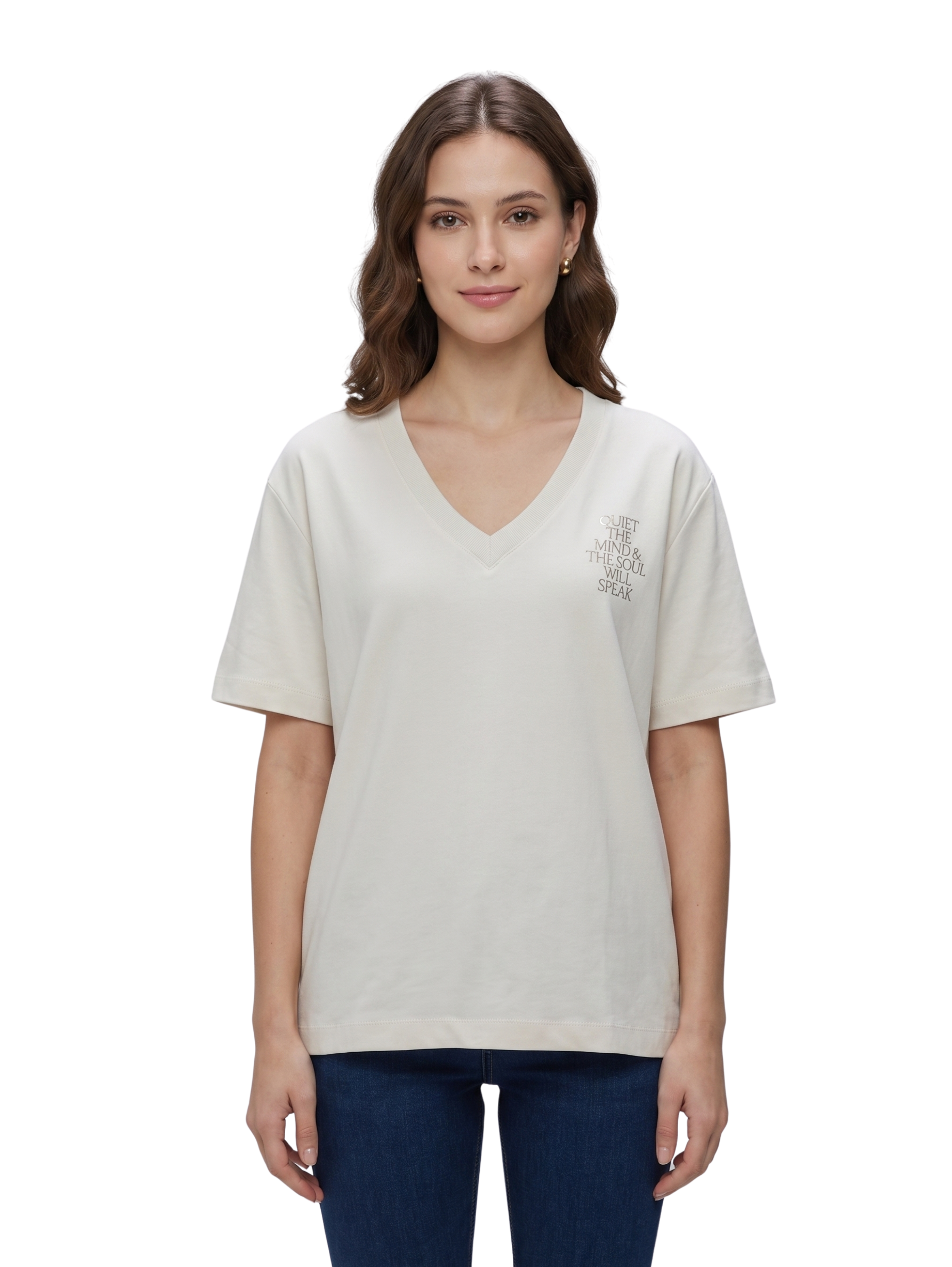 Beige Short Sleeved V Neck T-Shirt With Printed Design