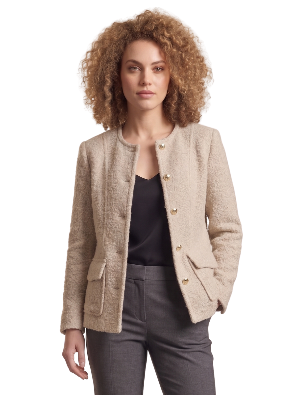 Beige Woven Textured Collarless Button Up Jacket