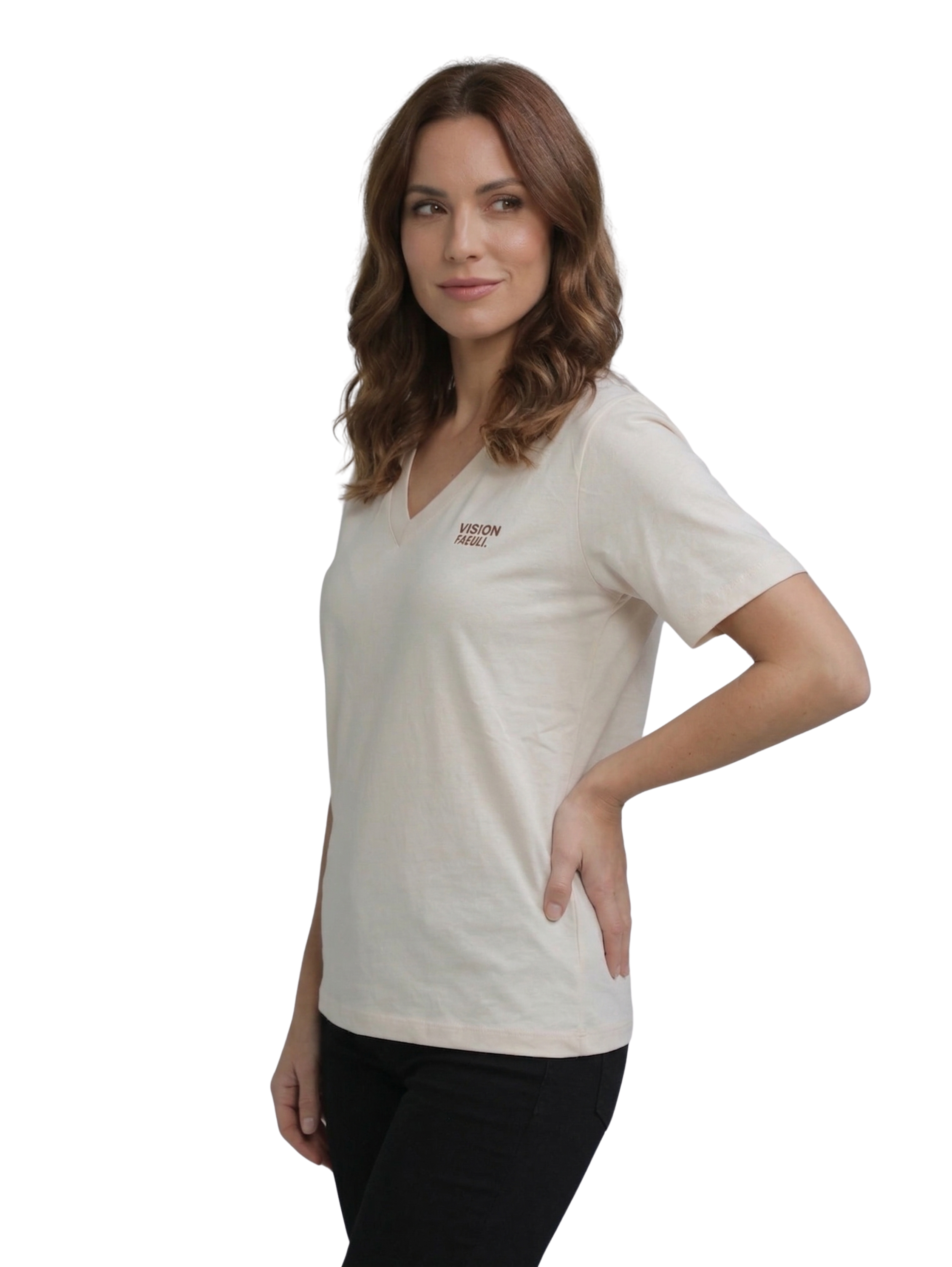 Beige V-neck T-Shirt With Small Front Design
