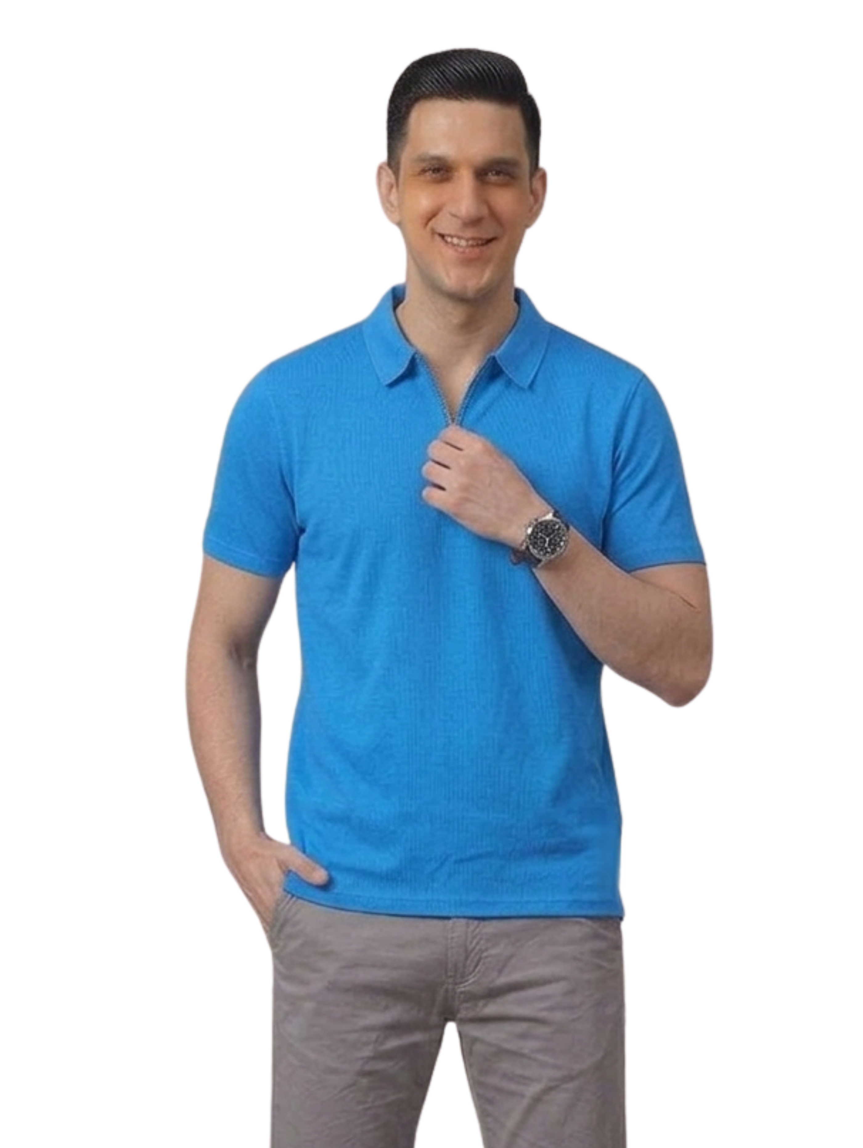 Blue Slim Fit Short Sleeved Polo With Zipper