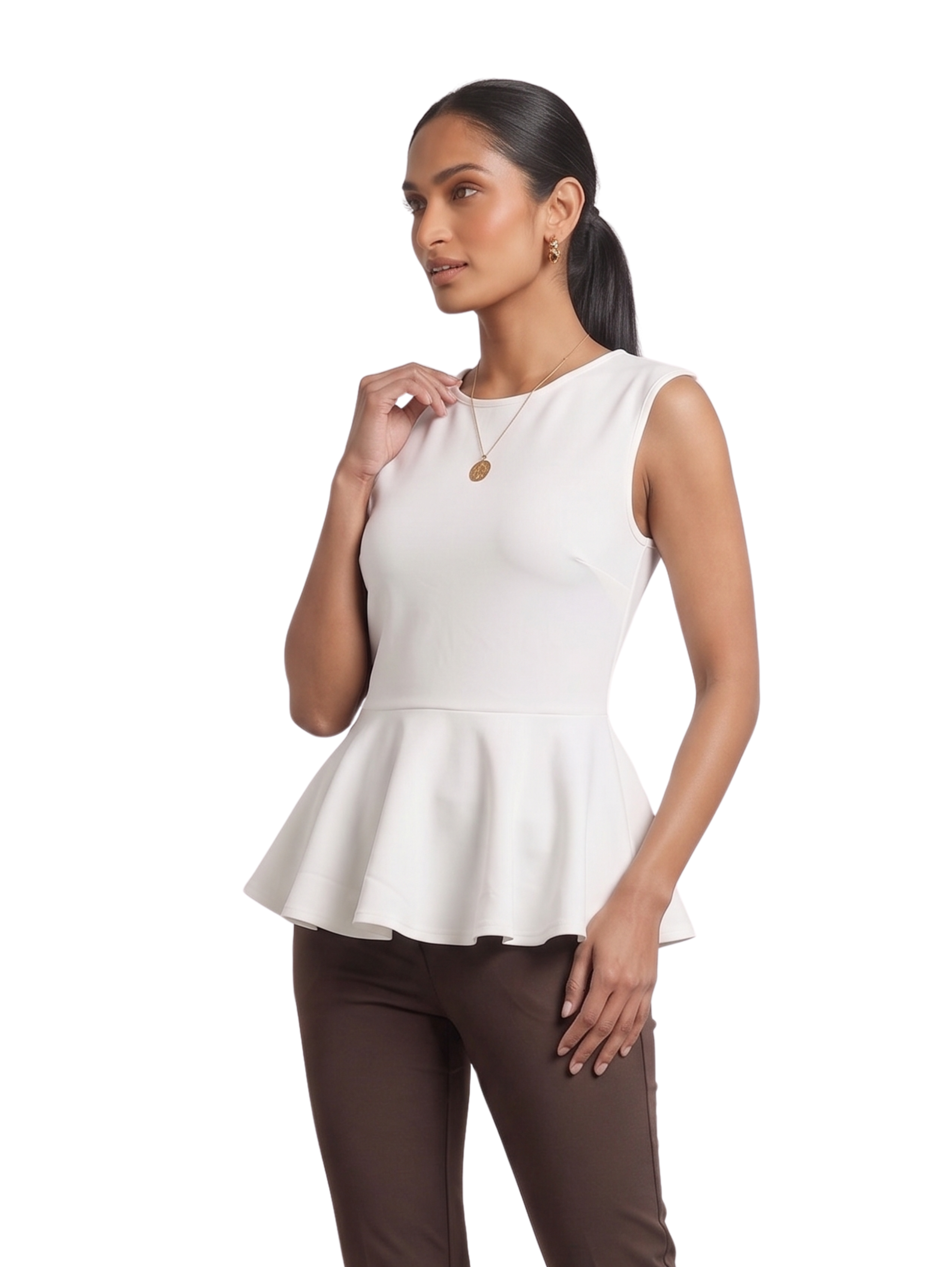 White Sleeveless Peplum Top With Round Crew neckline