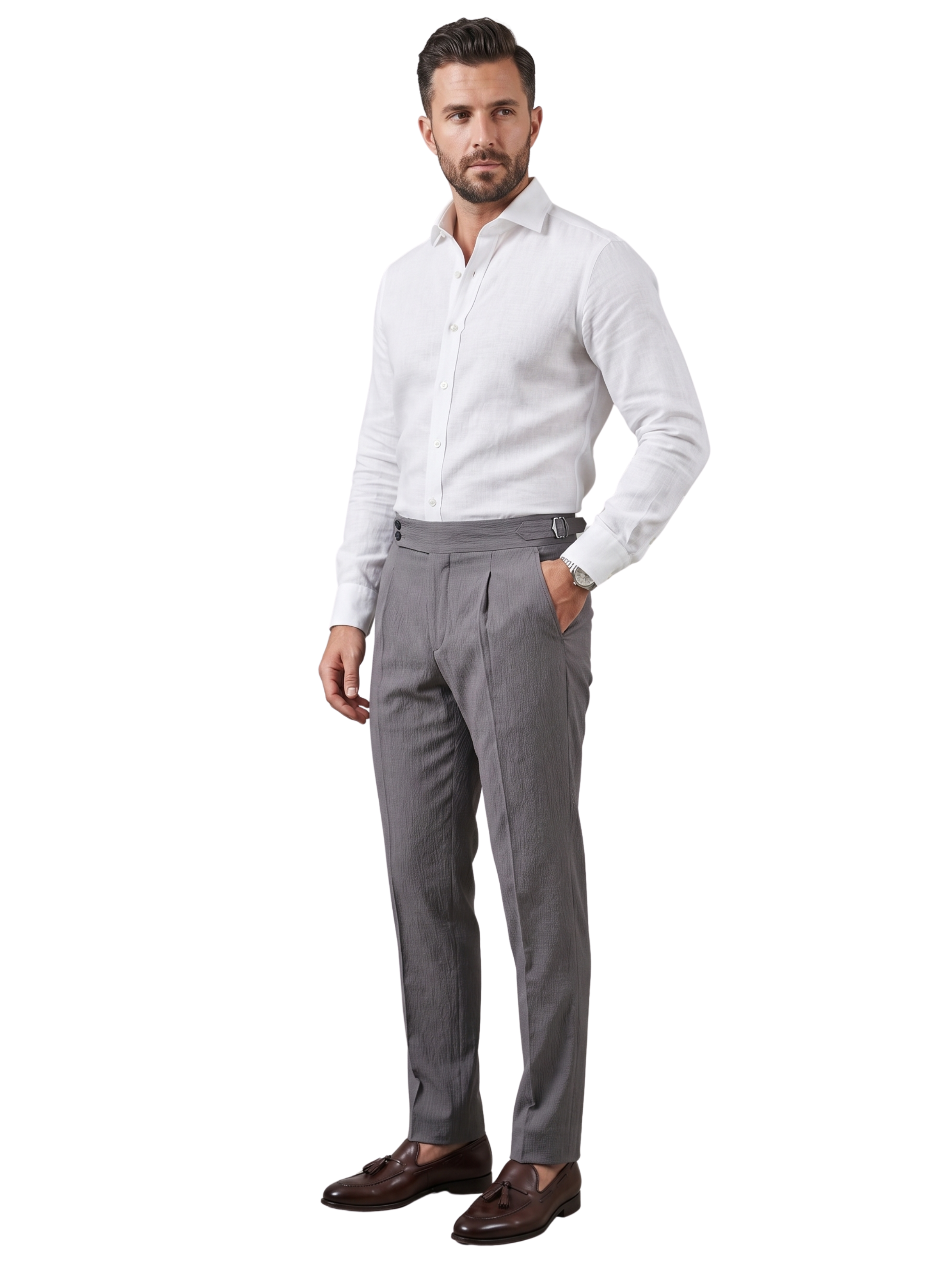 Dark Grey High Rise Pinstriped Pants With Side Adjusters