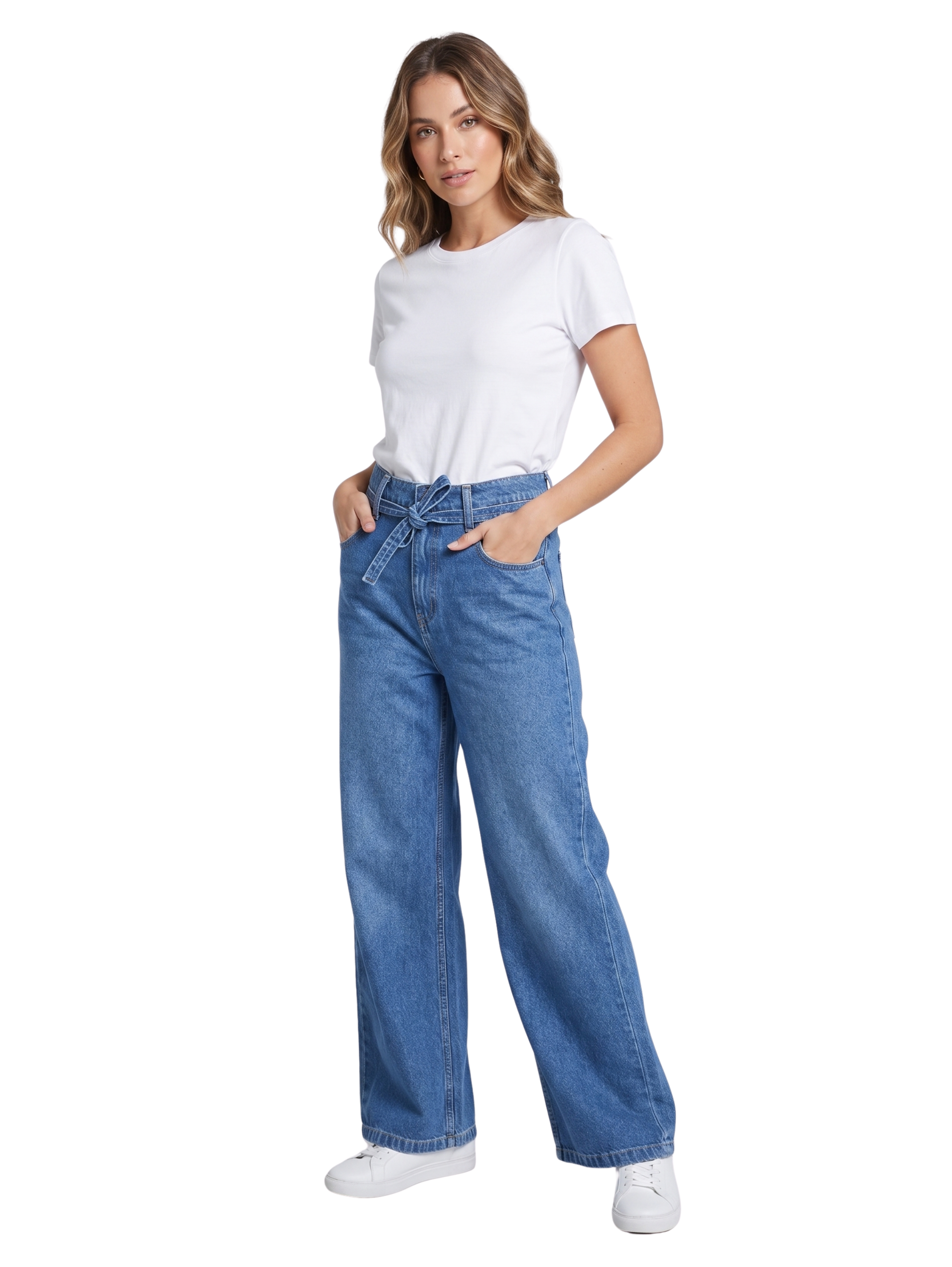 Blue High Waist Wide Leg Jeans With Denim Belt Design