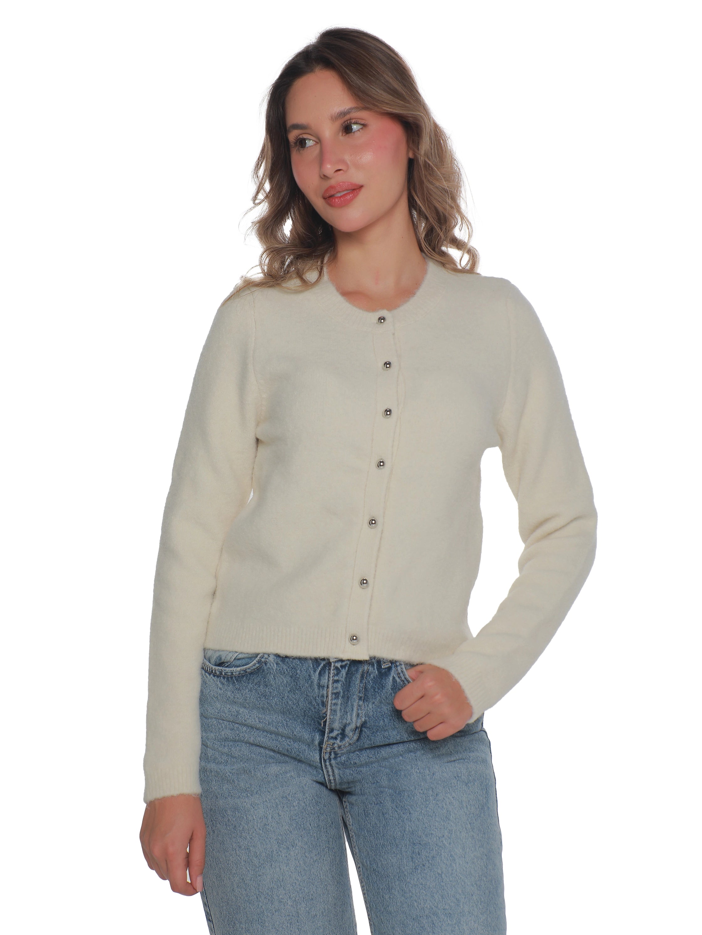 Round Neck Off white Pullover With Button To Close