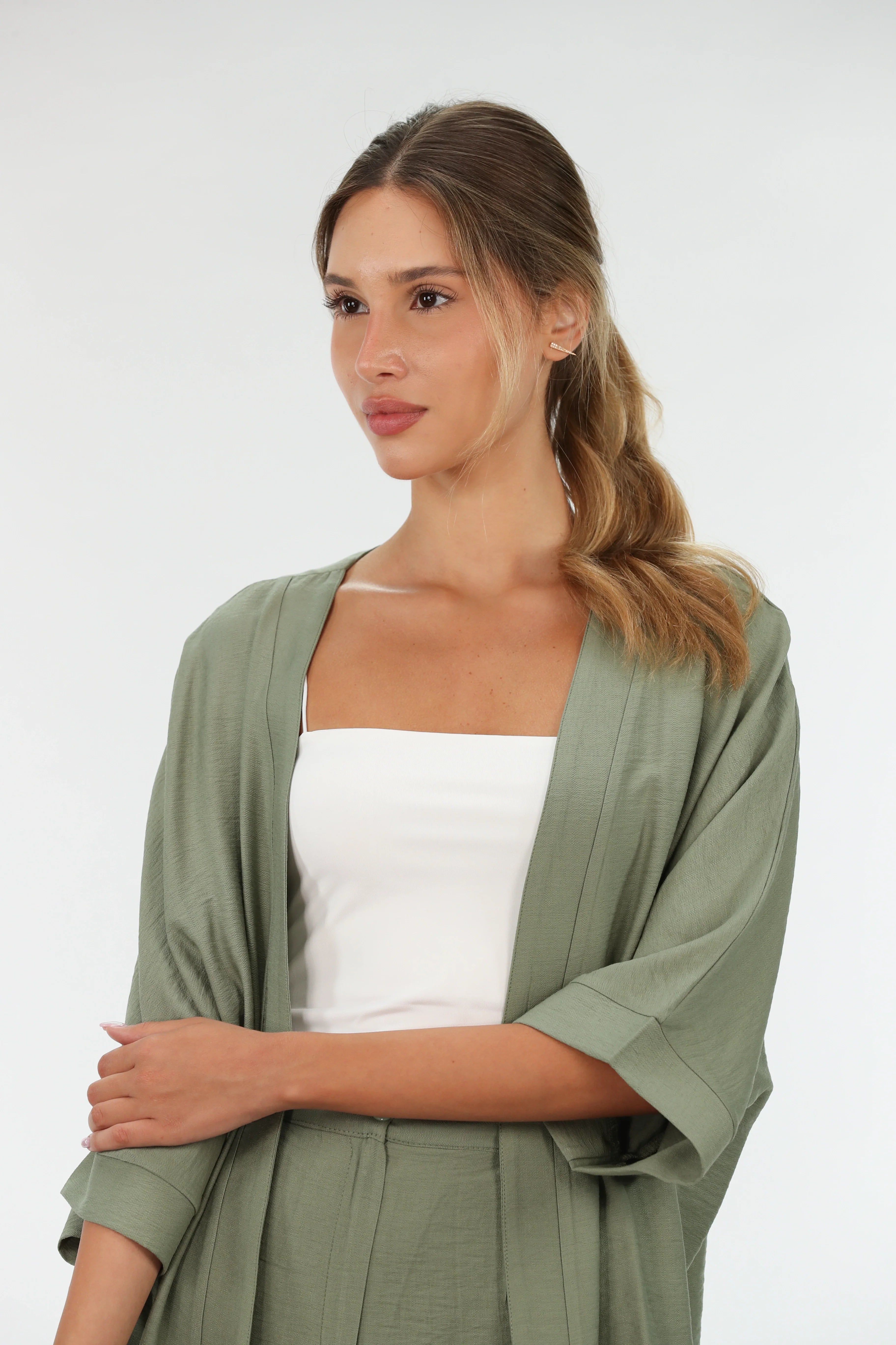 Olive Drop Shoulder Linen Cardigan