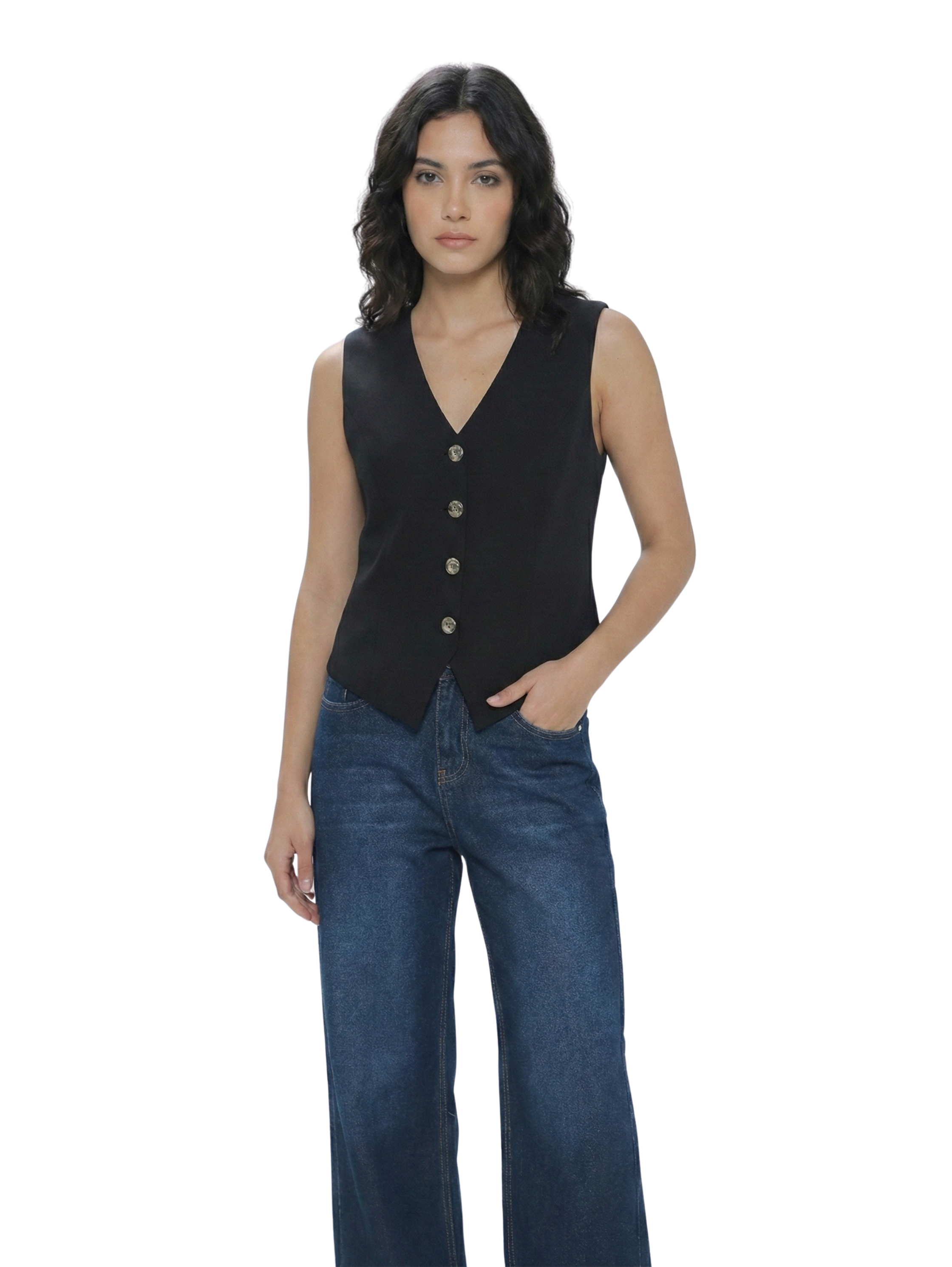 Black Sleeveless Vest With a Tailored Fitted Silhouette