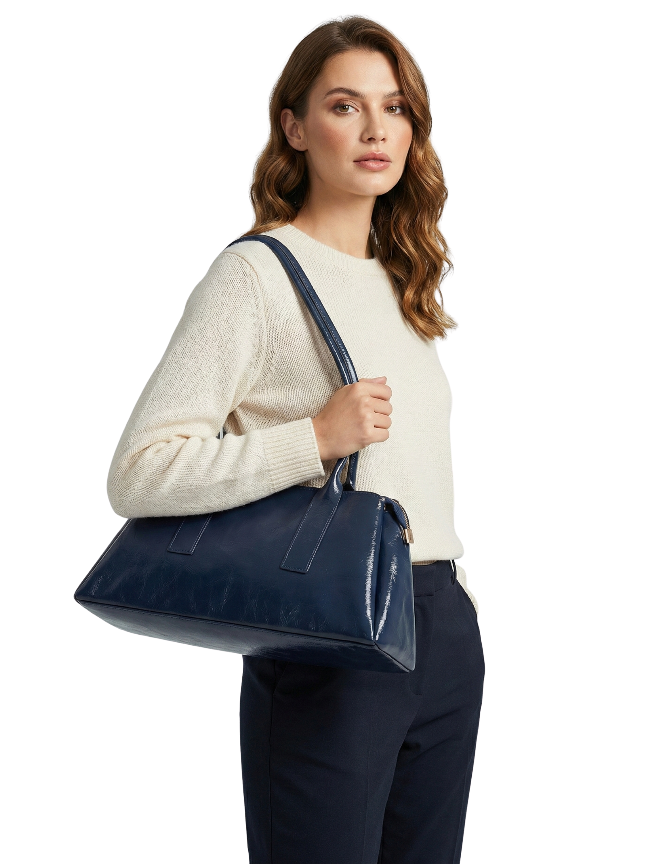 Navy Large Handle Bag With Long Strap