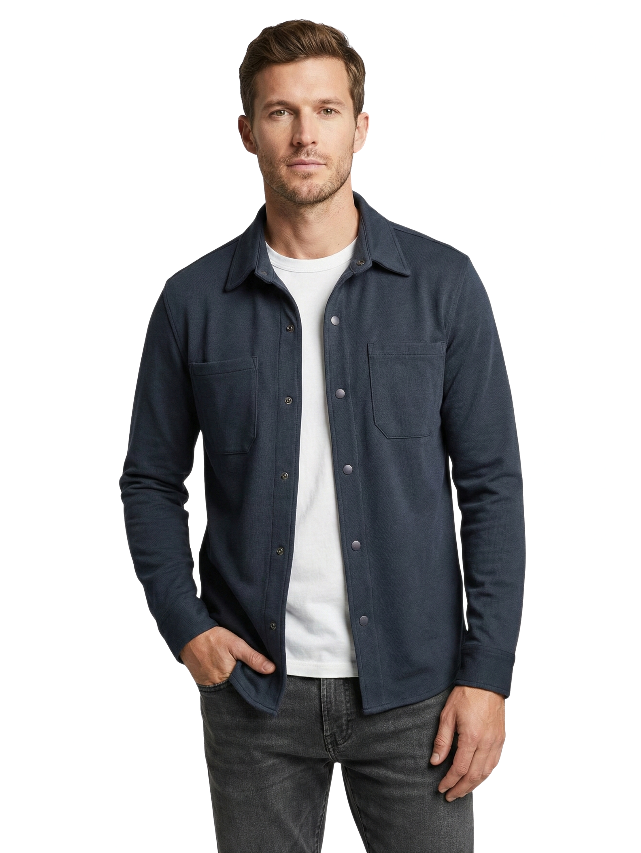 Long Sleeve Buttoned Navy Shirt With Chest Attached Pockets