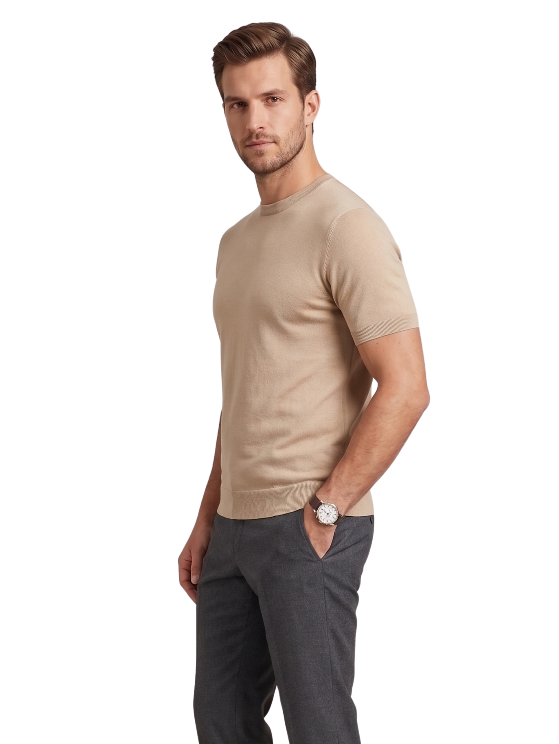 Beige Round Neck Short Sleeved Plain T-Shirt