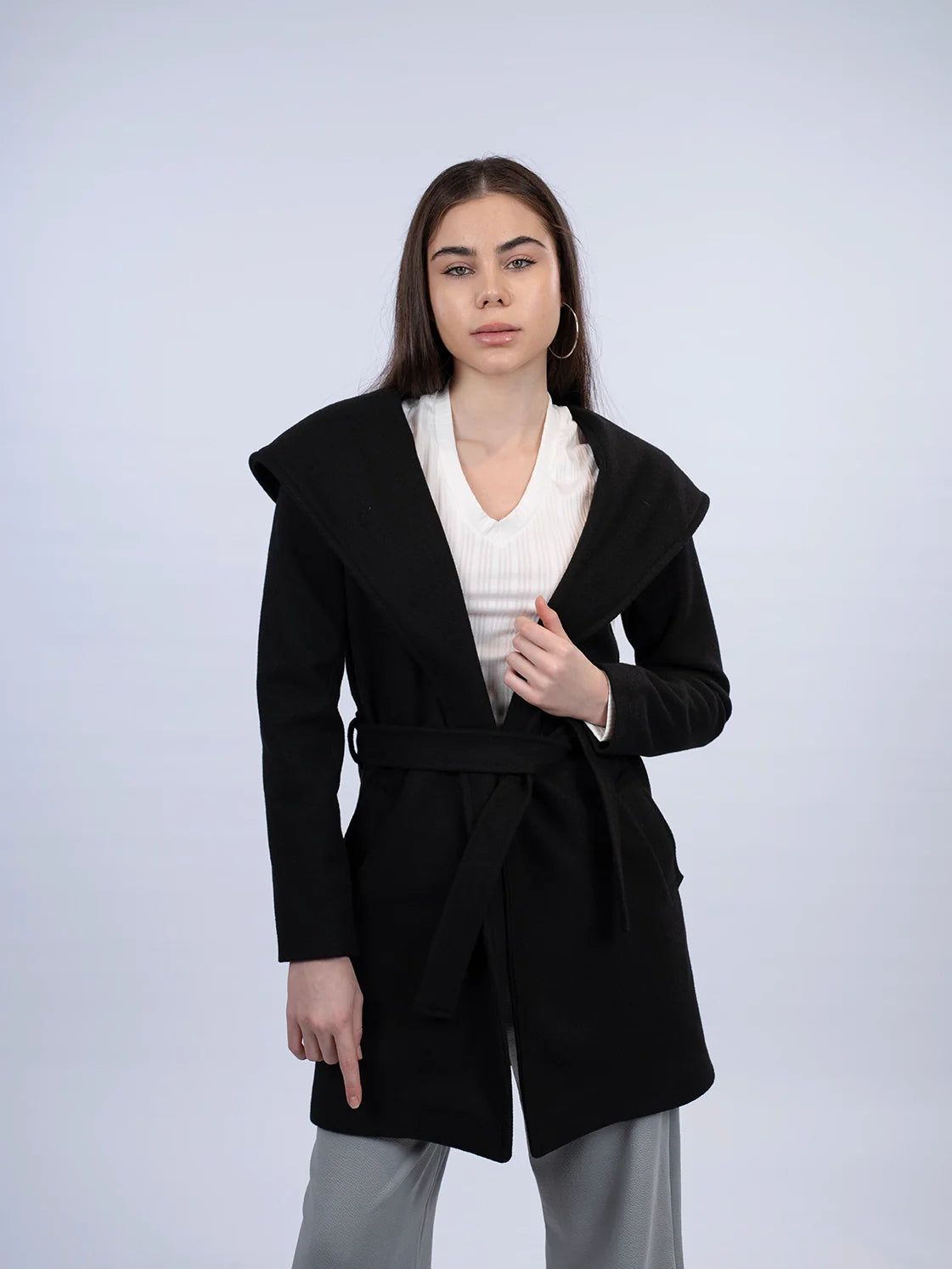 Hooded Wrap Black Short Coat