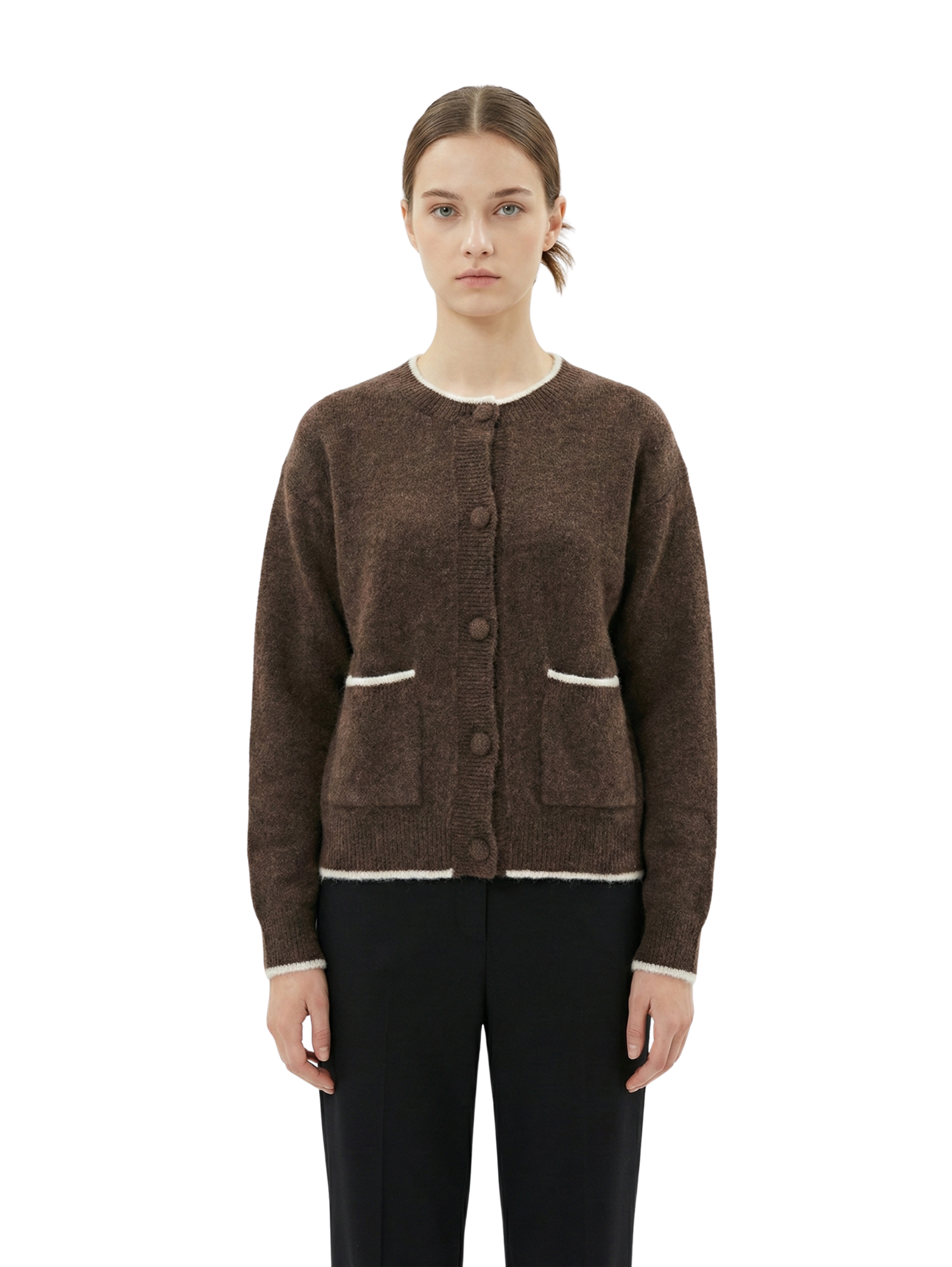 Long Sleeve Buttoned Brown Sweater With Attached Pocket