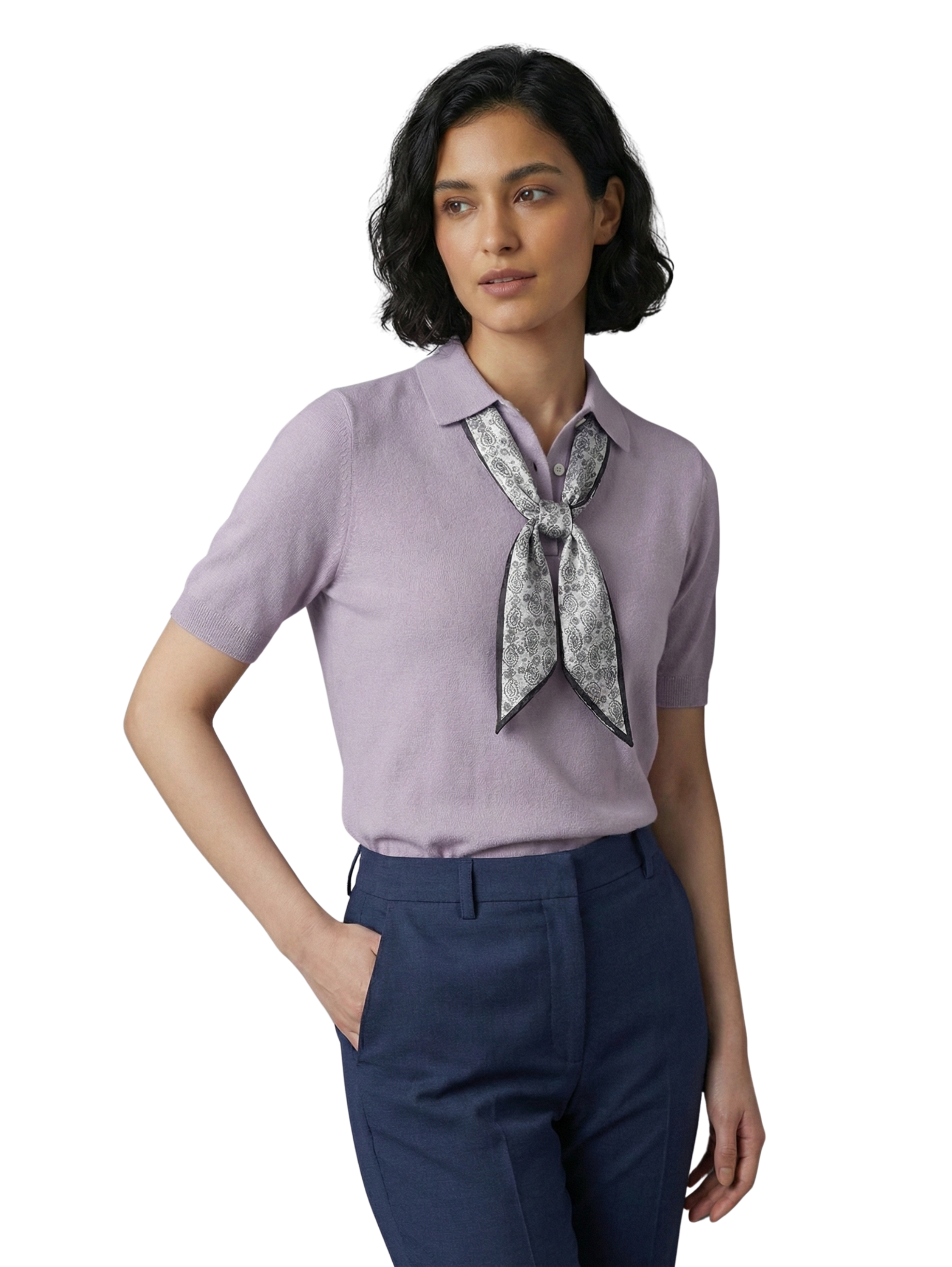 Short Sleeve Purple Pullover with Tiny Scarf in Collar