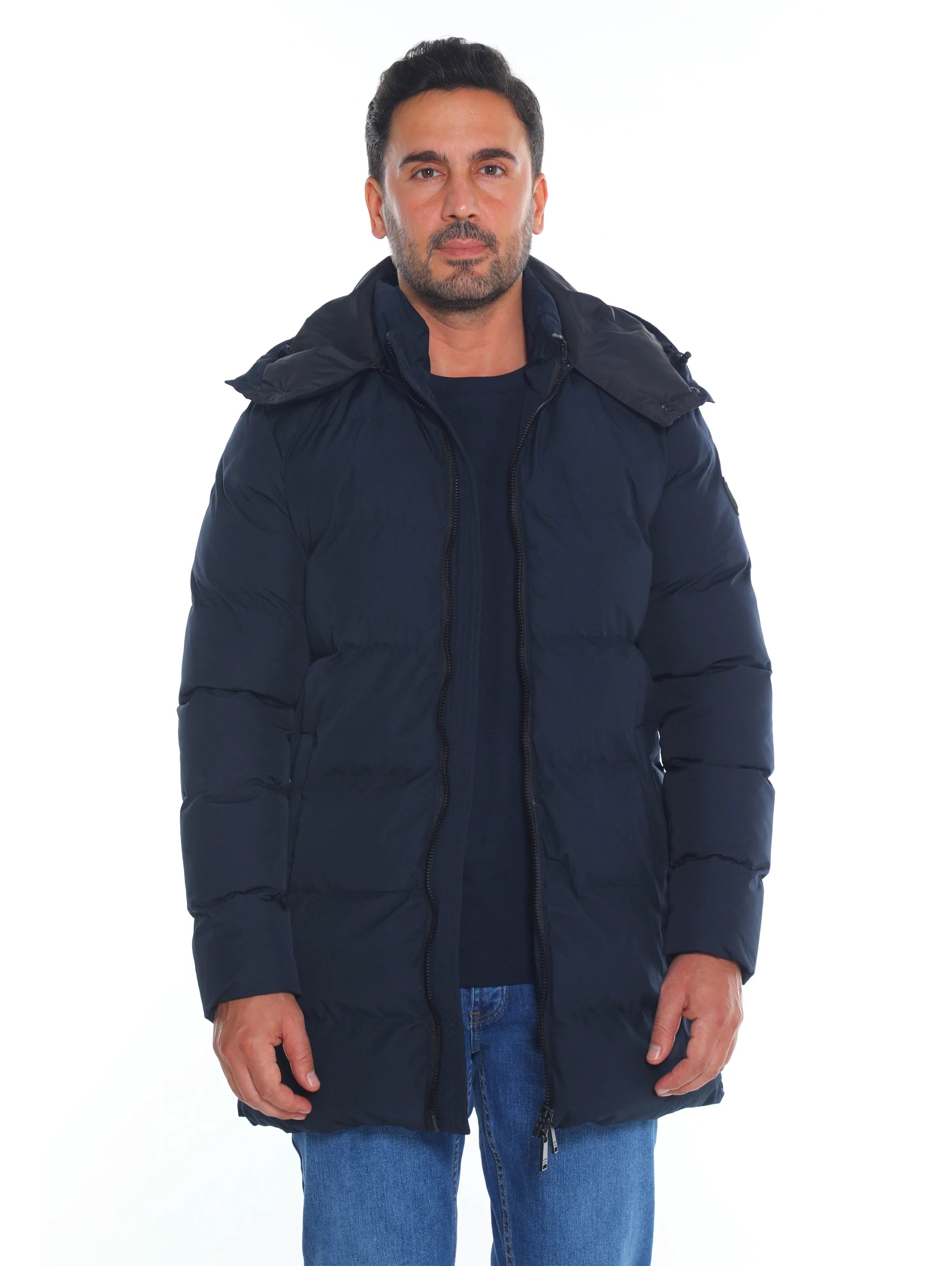 Navy Padded Quilted Long Jacket With Zipper To Close