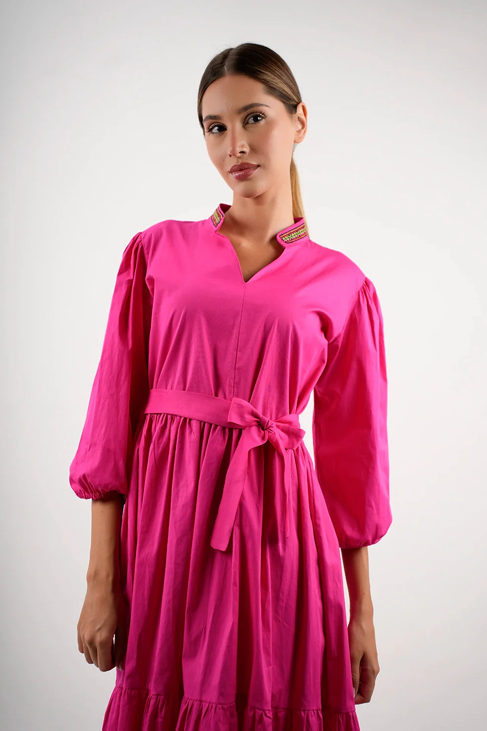 Long Sleeved Fushia Dress With Wing Collar