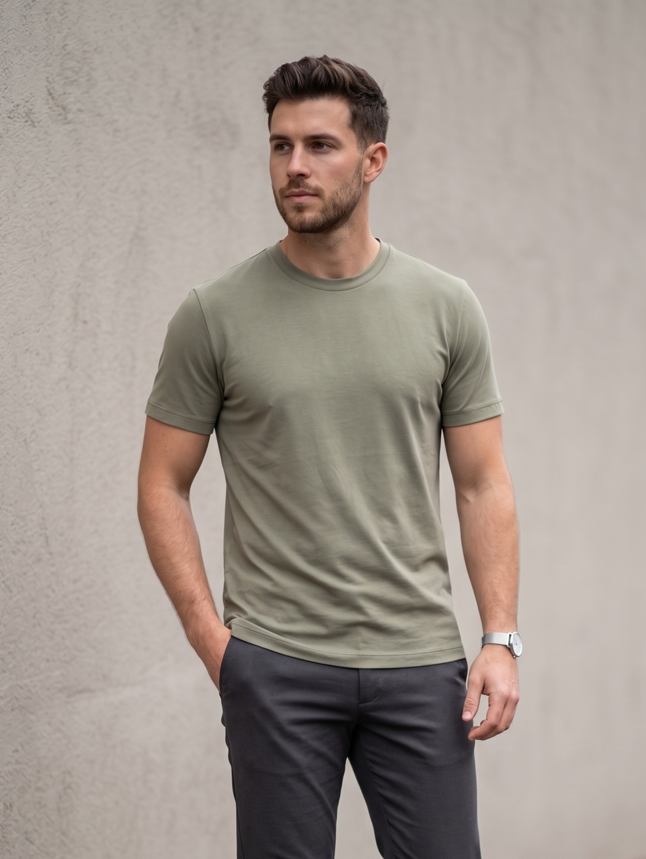 Khaki Regular Fit T-Shirt With Round Neck Line