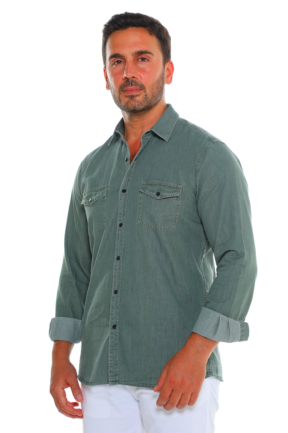 Olive Long Sleeved Light Denim Shirt