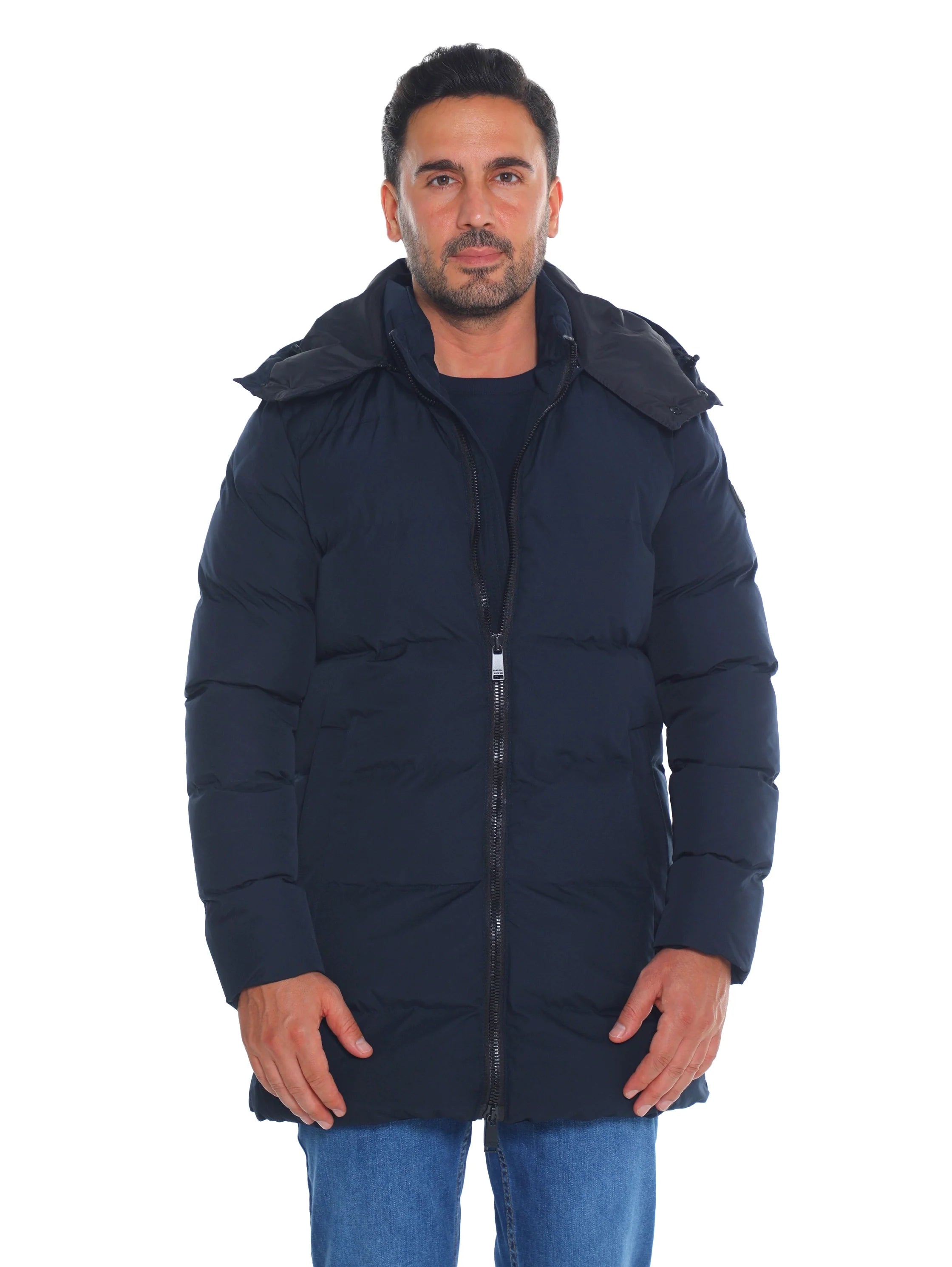 Navy Padded Quilted Long Jacket With Zipper To Close
