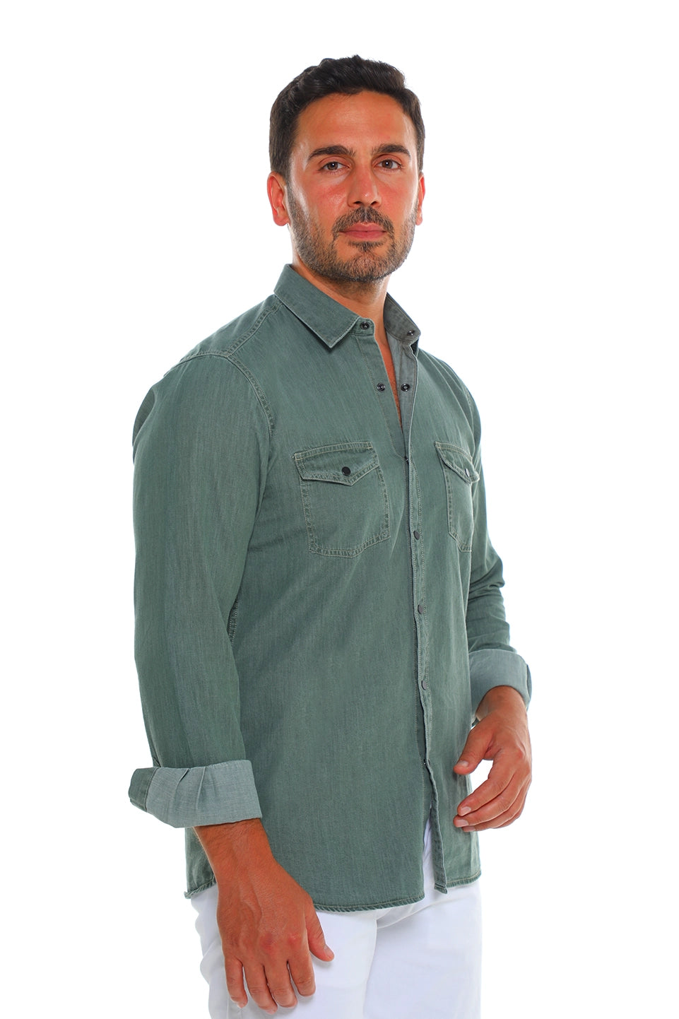 Olive Long Sleeved Light Denim Shirt