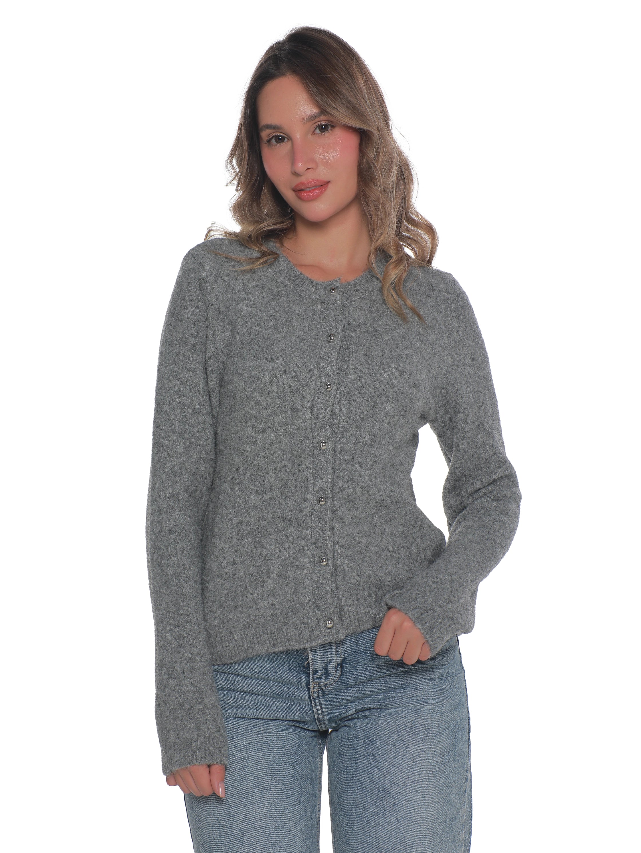 Round Neck Grey Pullover With Button To Close
