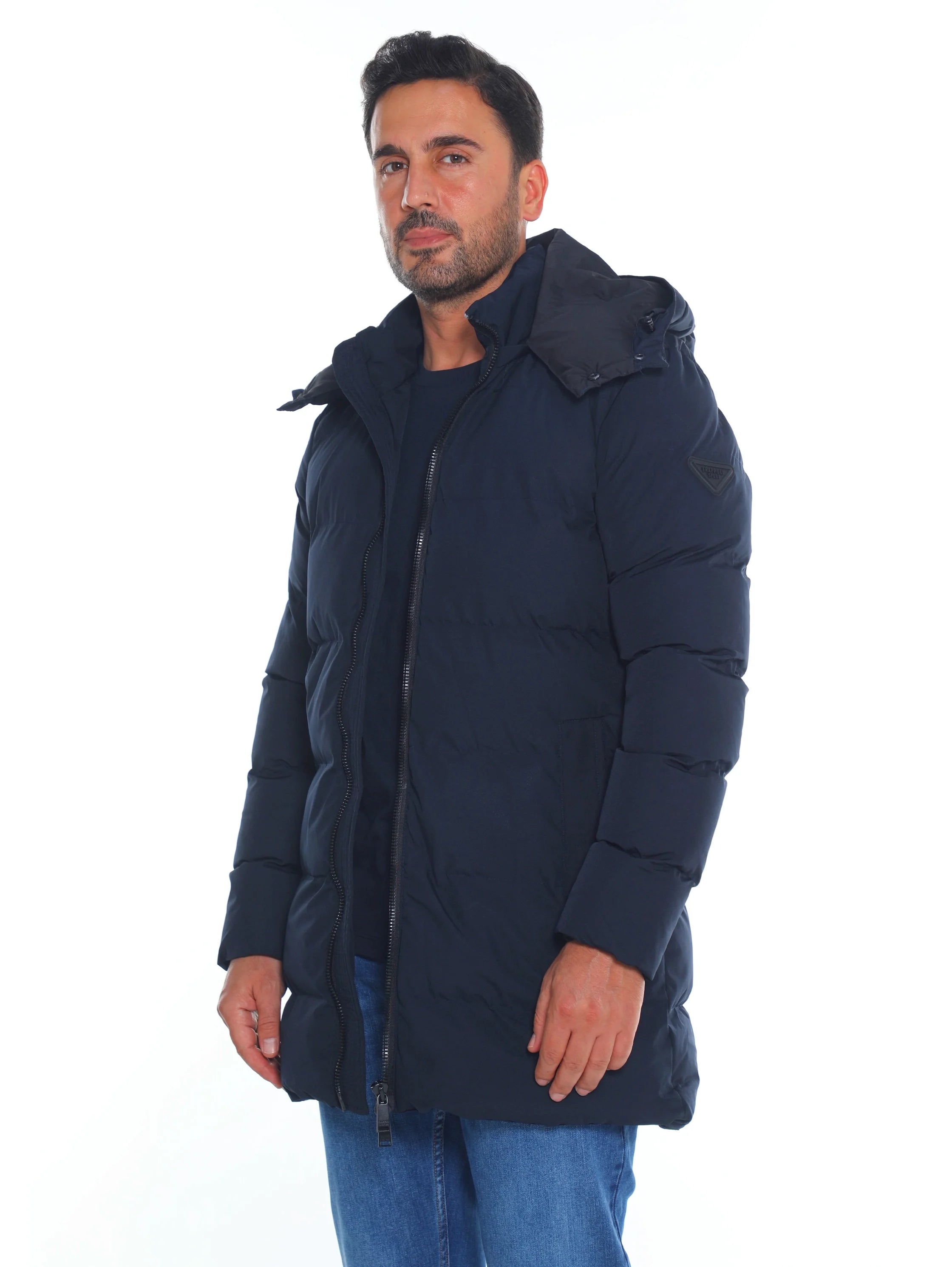 Navy Padded Quilted Long Jacket With Zipper To Close