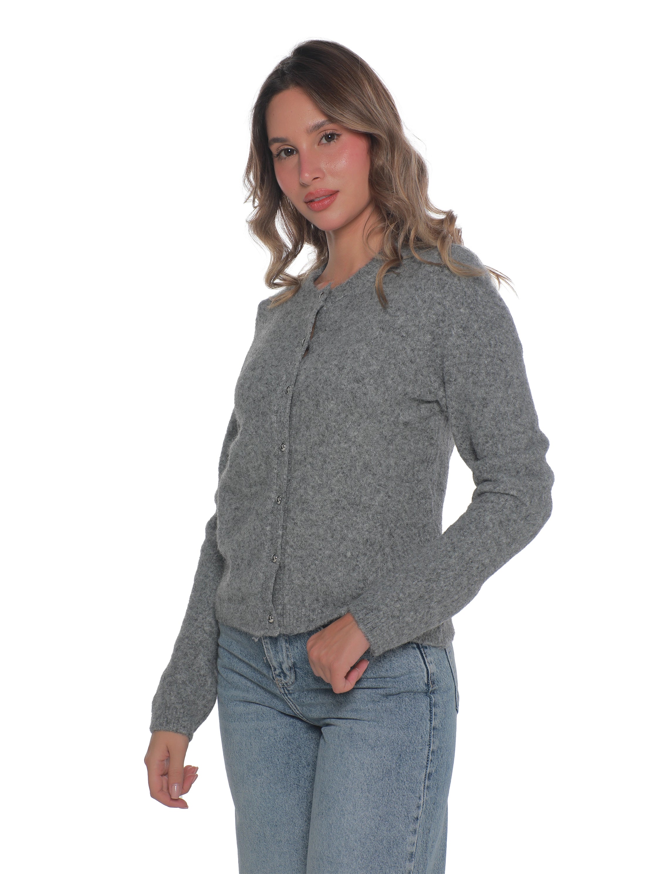 Round Neck Grey Pullover With Button To Close