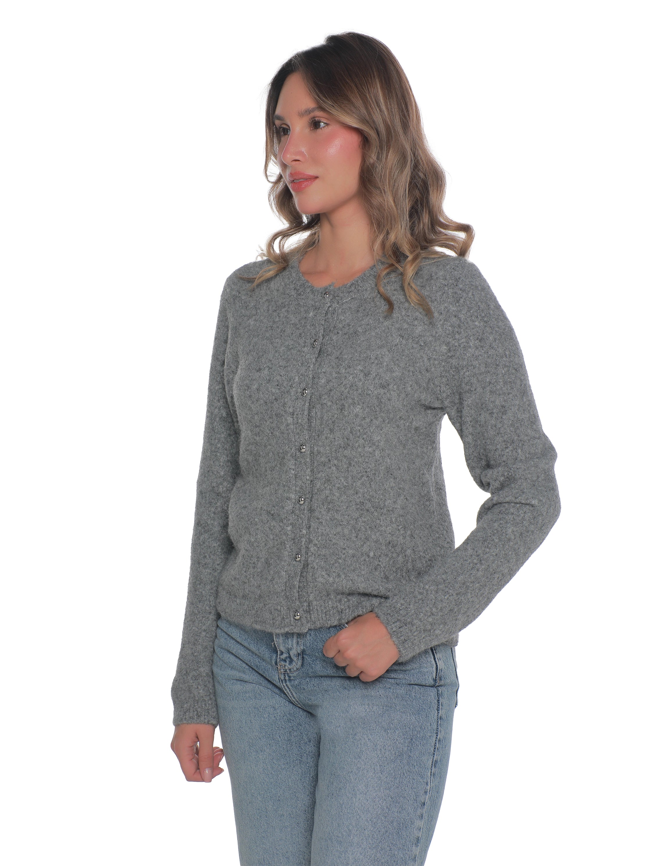 Round Neck Grey Pullover With Button To Close