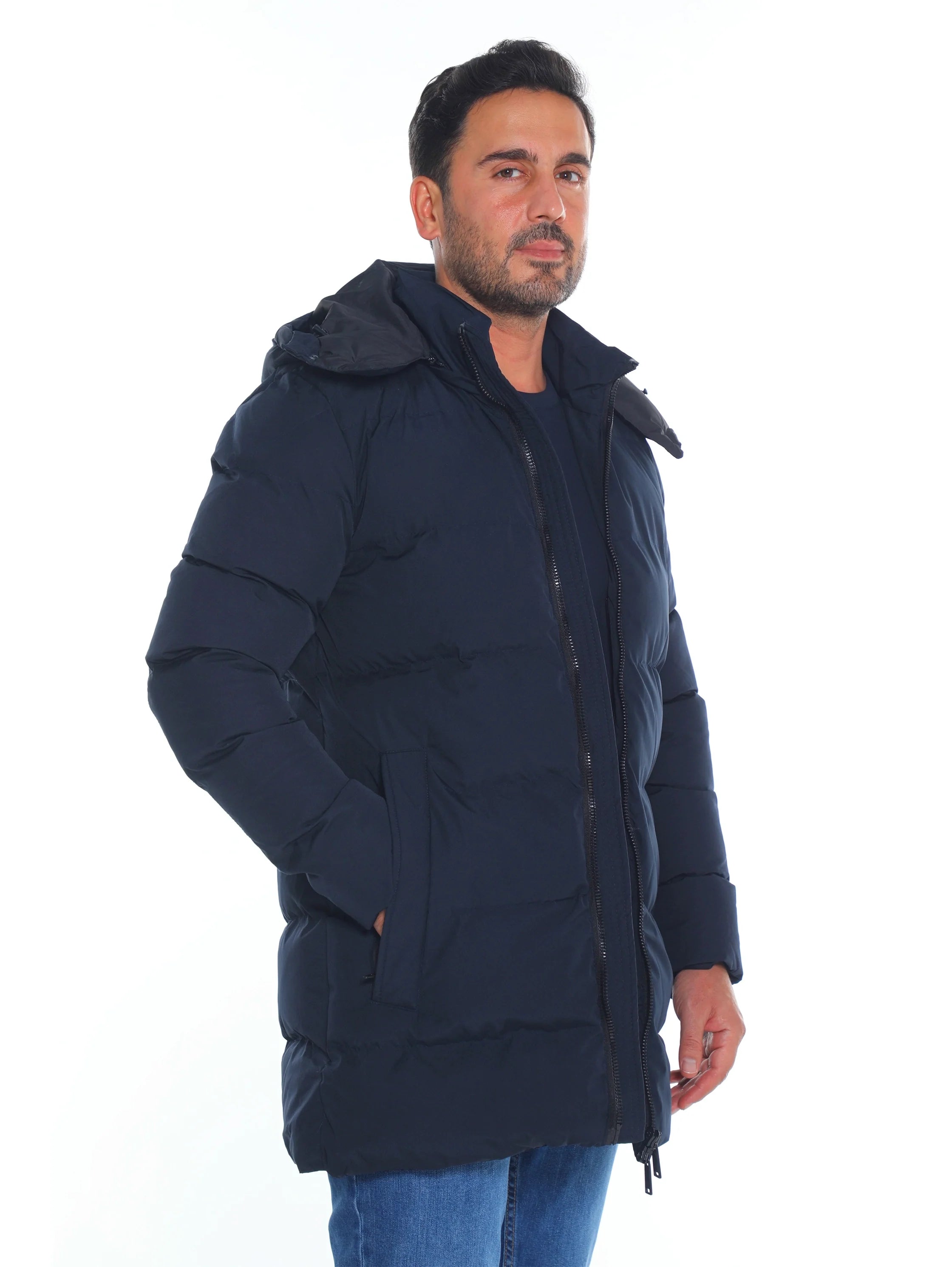 Navy Padded Quilted Long Jacket With Zipper To Close