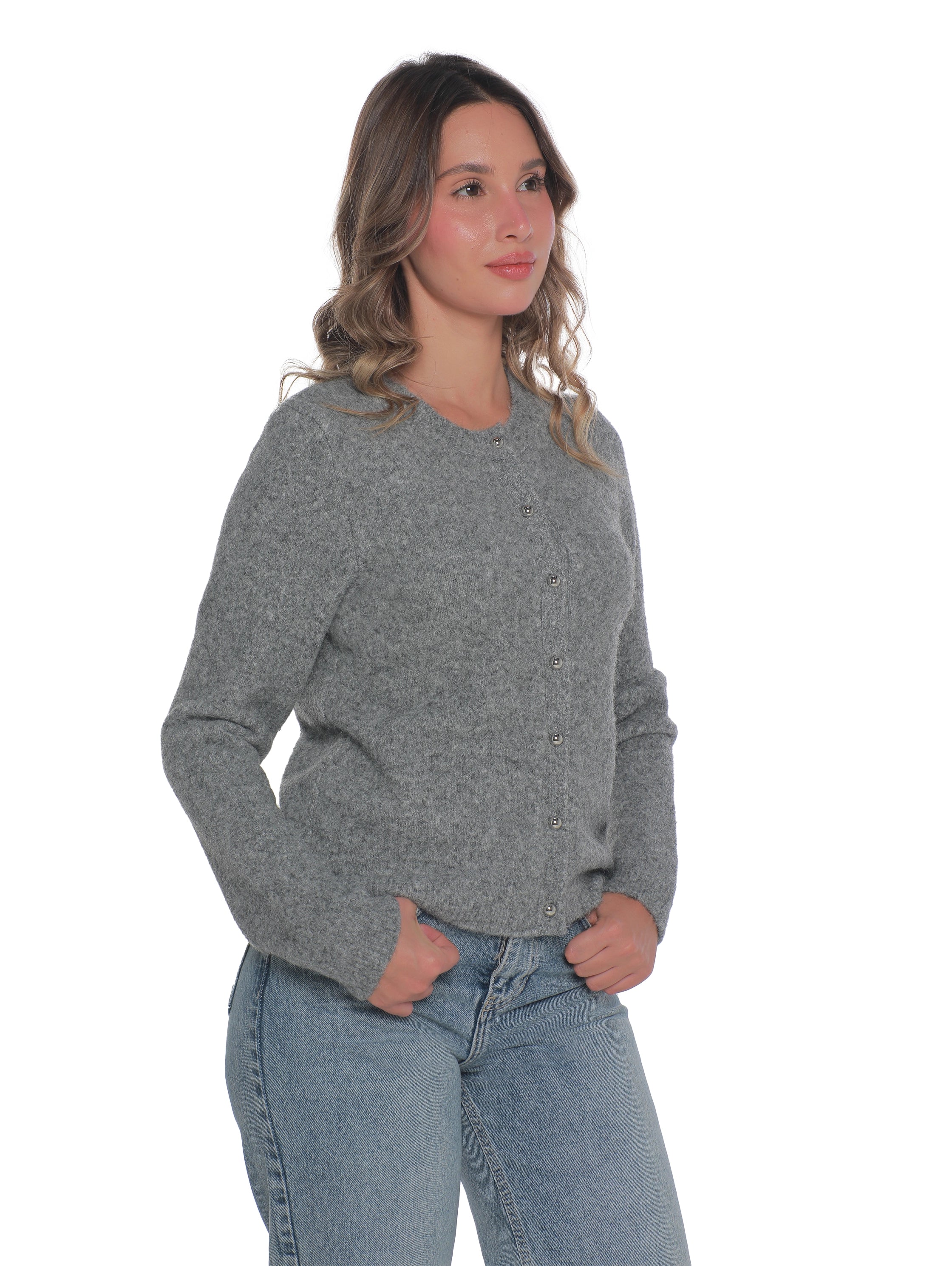 Round Neck Grey Pullover With Button To Close