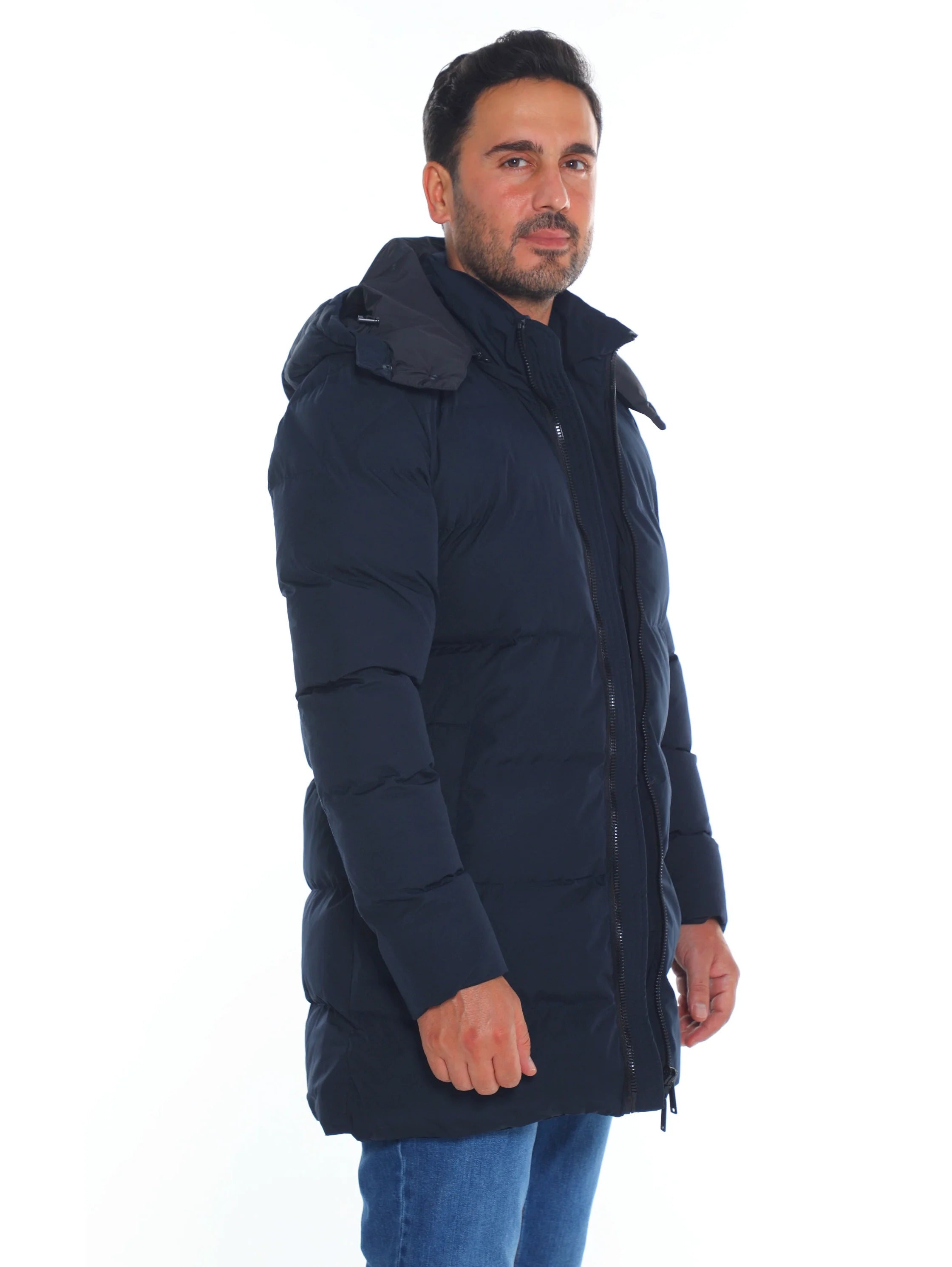 Navy Padded Quilted Long Jacket With Zipper To Close